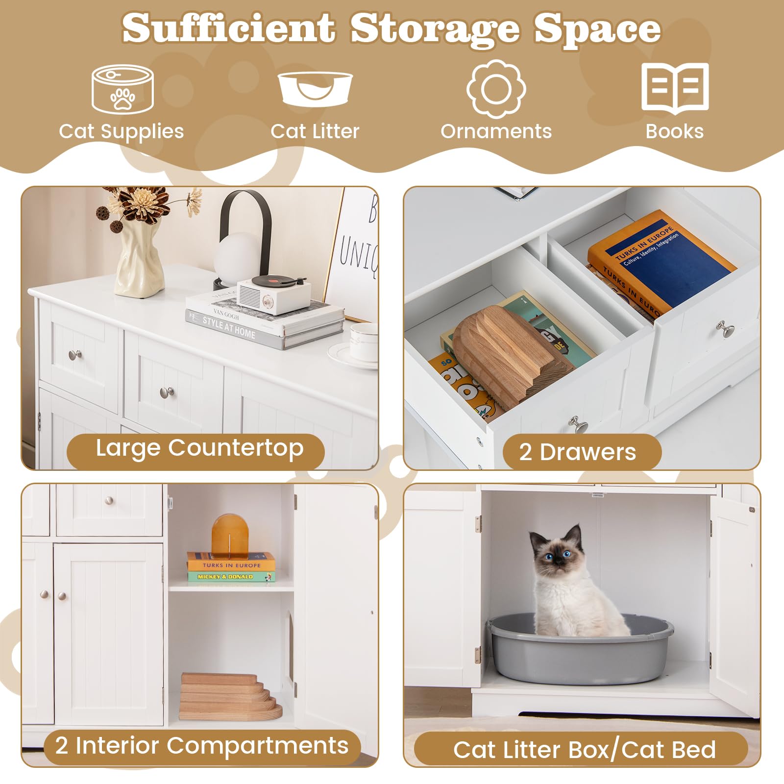 SOARS Maison de Toilette Chat, Mobile per Lettiera per Gatti con 2 Cassetti, 3 Ante e Ingresso Laterale e Dispositivo Anti-Rovesciamento, per Interni, 100 X 45 X 80 CM, Bianco