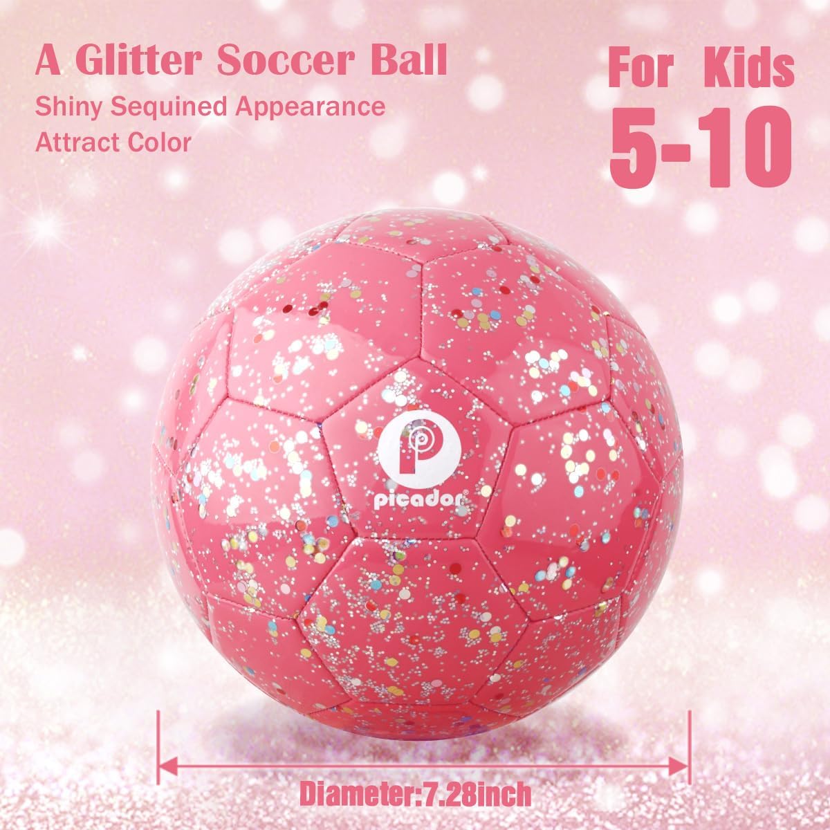 Picador Size 3 Soccer Ball Glitter Pink Soccer Balls for Kids Ages 3-6 6-8 8-10 Boys Girls Sports Training & Outdoor Play with Pump Gift - Image 2