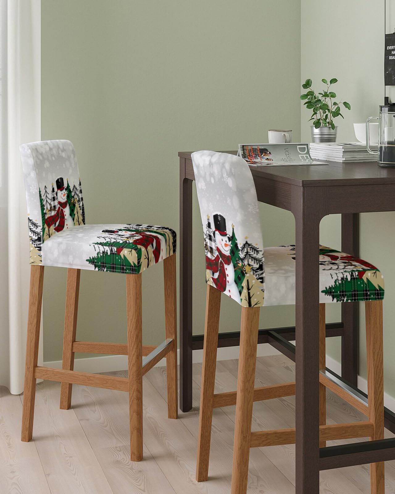 PIEPLE Winter Snowman Bar Stool Cover Set of 2, Christmas Snowflake Tree Grey Stretch Removable Bar Stool Chair Covers with Backs Pub Counter Stool Chair Slipcover for Dining Room Cafe
