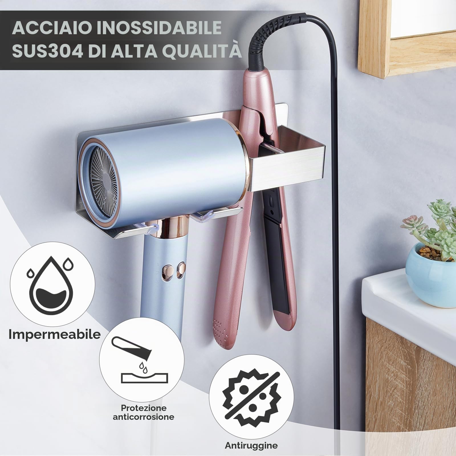 Porta phon e Piastra, Porta Piastra per Capelli, Porta Phon da Muro, Supporto per asciugacapelli da Parete Senza Foratura, Supporto per asciugacapelli e Piastra lisciante in Acciaio Inox