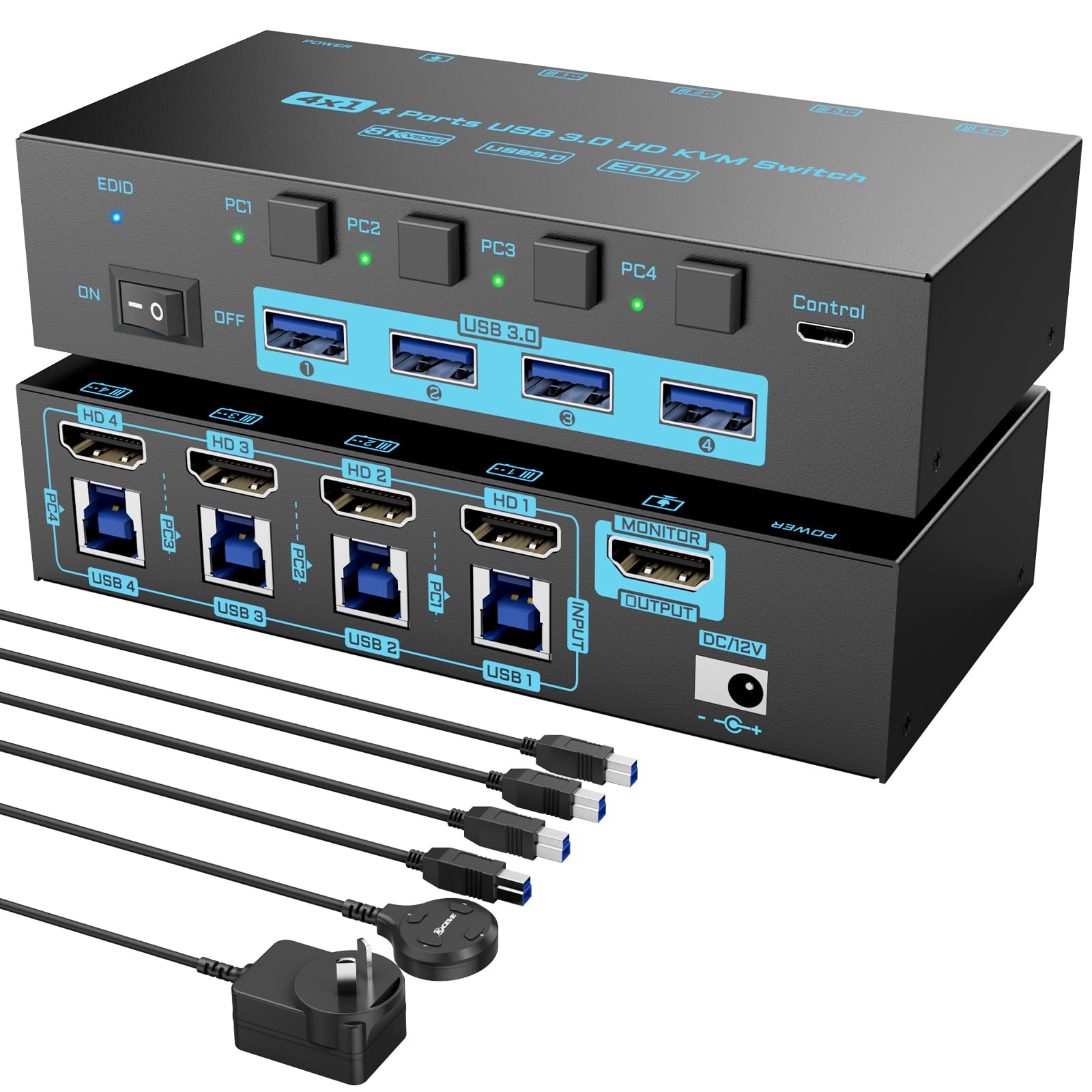 8k hdmi 2.1 kvm switch 4 computers 1 monitor 4 port 4 in 1 out for 4 pcs | 8k@60hz/4k@144hz usb 3.0 hub monitor keyboard mouse switch with edid emulator, with 4 usb 3.0 cable & wired remote