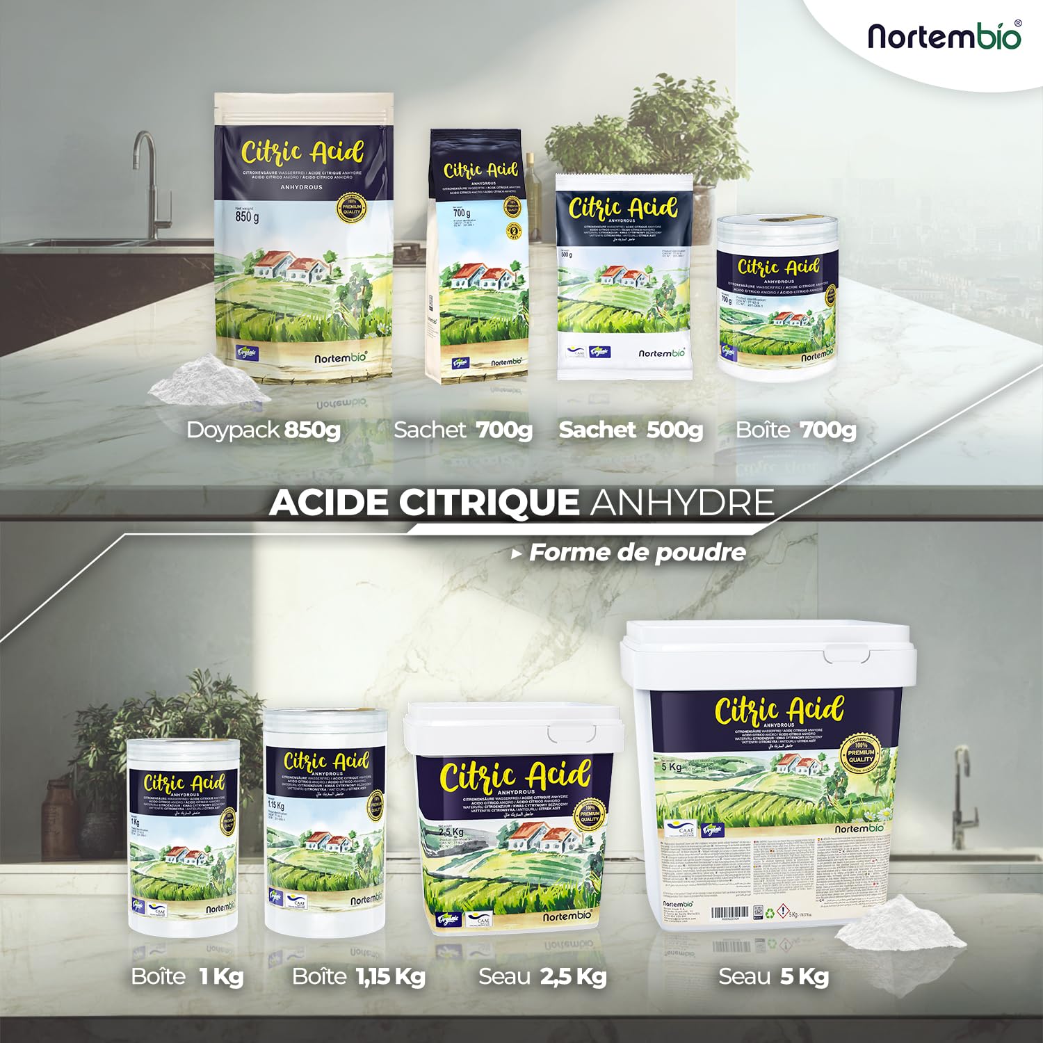 Nortembio Acide Citrique 5 kg – Acide Citrique Anhydre Concentré 100 % Pur Certifié – Nettoyage Domestique Polyvalent – Sans OGM – E-Book Offert
