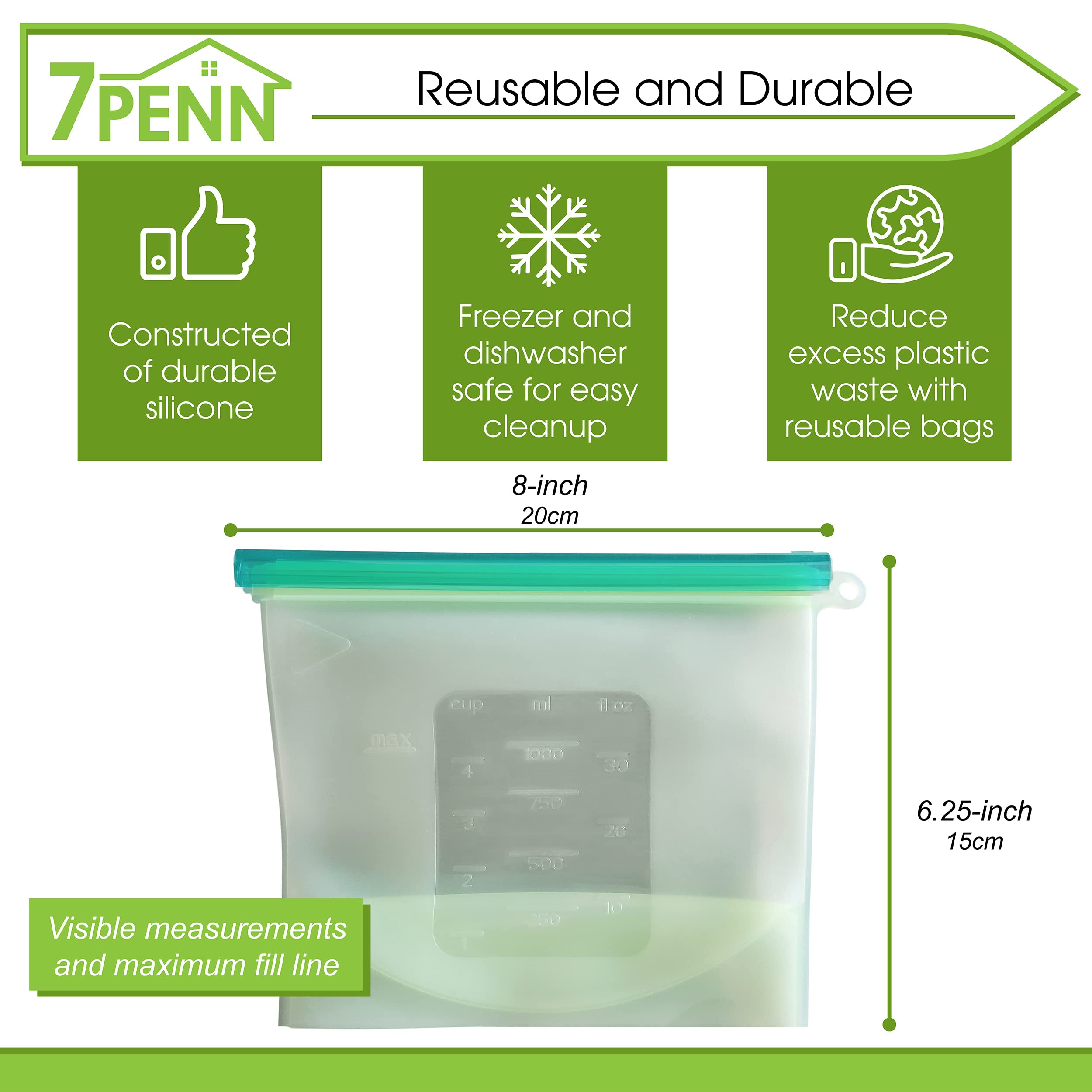 7Penn Bolsa de almacenamiento de alimentos de silicona, 1000 ml, 1 paquete lavable de 8 x 6.2 pulgadas, bolsas reutilizables verdes para bocadillos y aperitivos