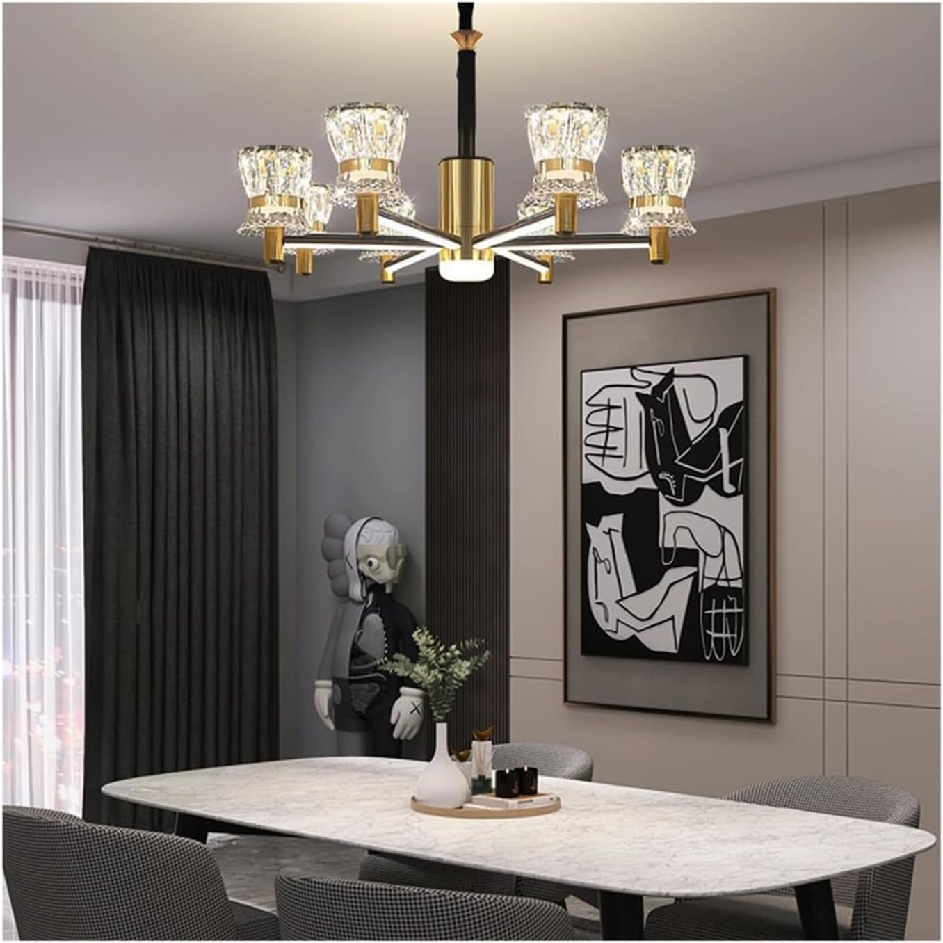 Nowoczesna, wisząca lampa w stylu rustykalnym w stylu rustykalnym, czarno-złota, kryształowa, z 6/8 diodami LED. Idealna do jadalni, sypialni, salonu, kuchni i restauracji (kolor:
