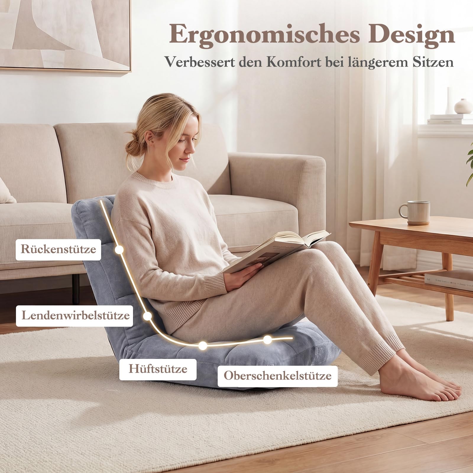 COSTWAY Bodenstuhl mit Verstellbarer Rückenlehne, Bodensessel gepolstert, Bodenkissen faltbar, Meditationsstuhl, Relaxsessel, Thaikissen für Freizeit, Meditation, Yoga (Grau)