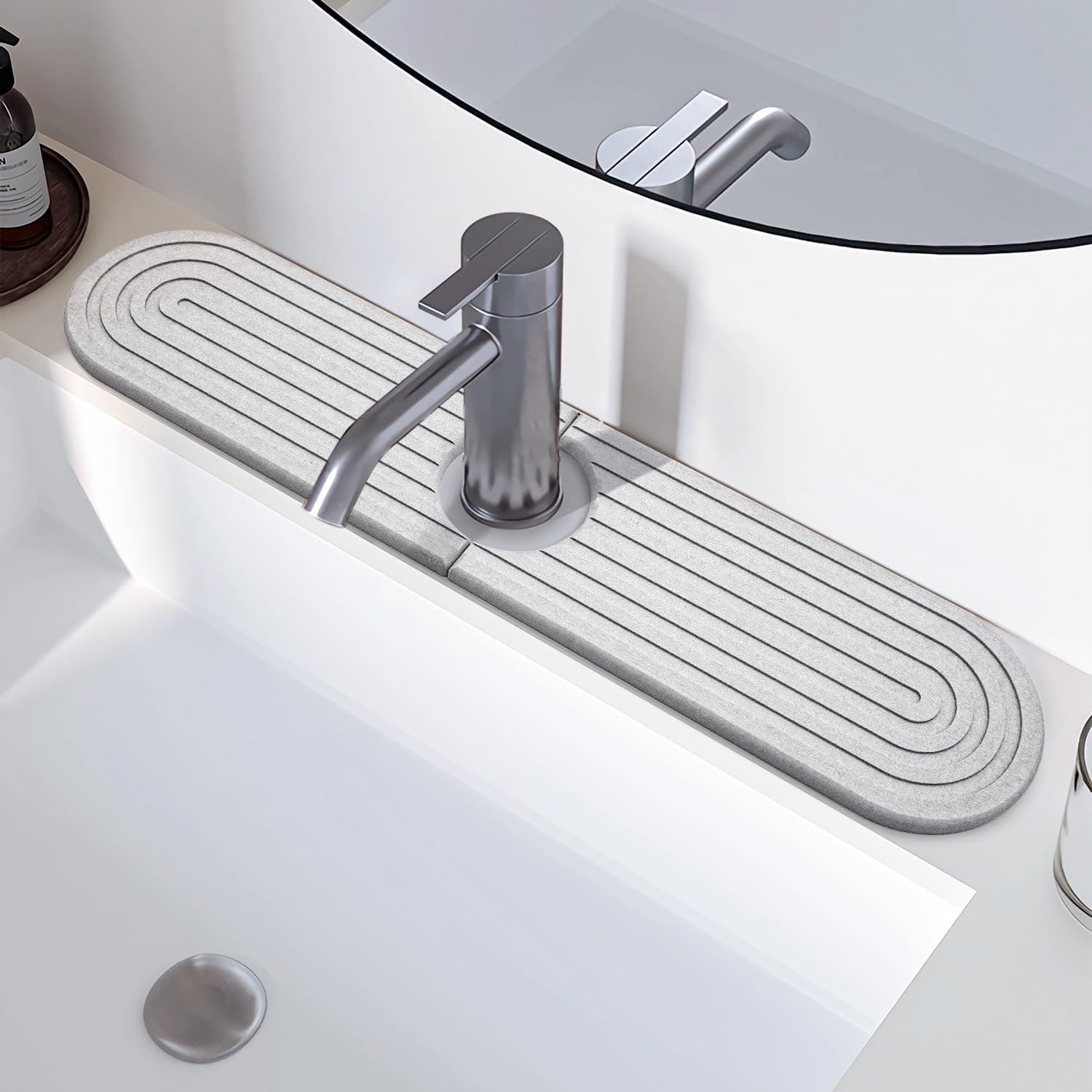 Tazweeq Kitchen Faucet Splash Guard, Diatomite Stone Sink Tray, Bathroom Counter Faucet Absorbent Pad, Kitchen, Bathroom, Vanity, Sink Drainage Mats, Placemats(45 * 10cm)