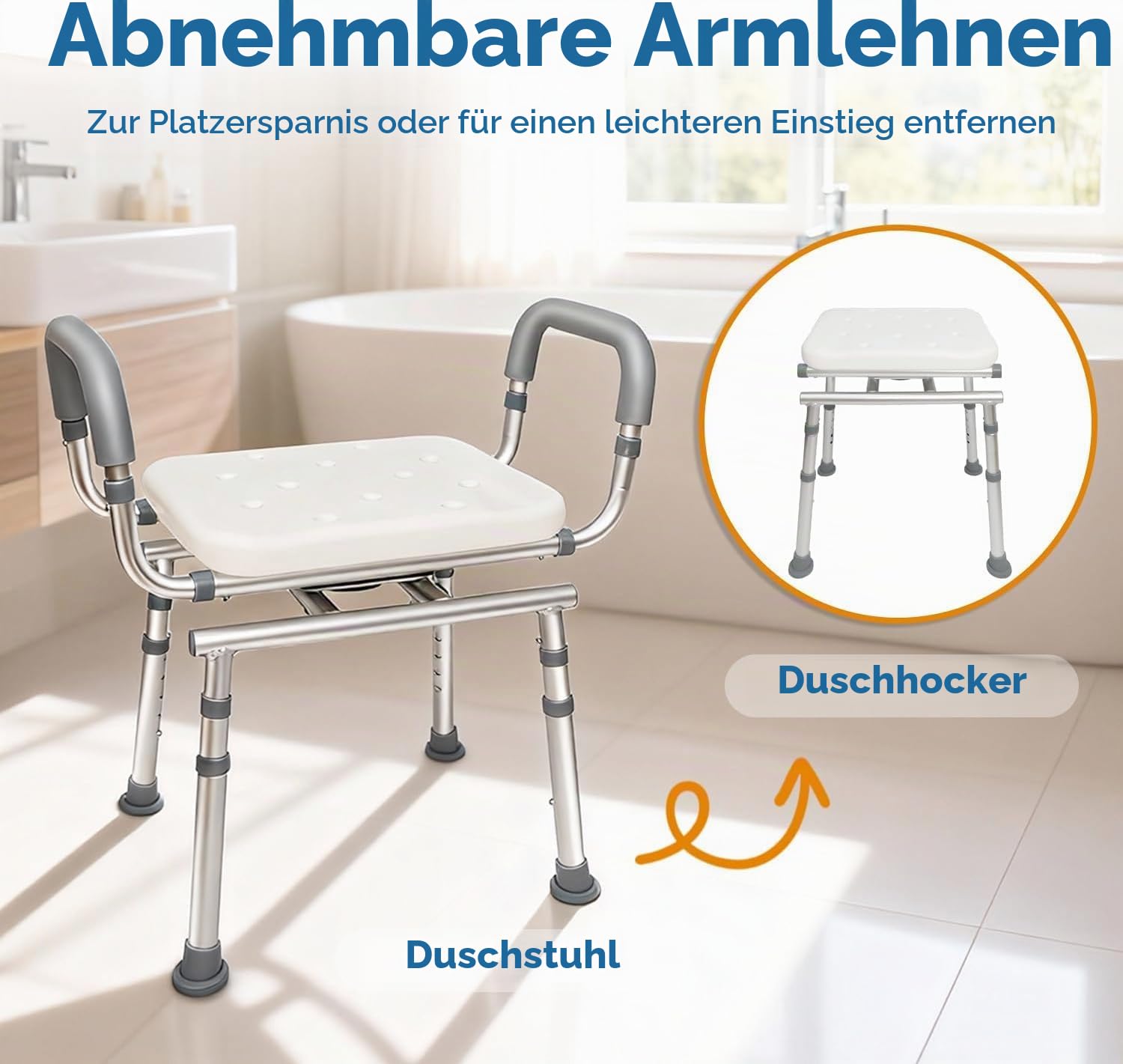 360° Duschhocker mit Abnehmbarer Armlehnen