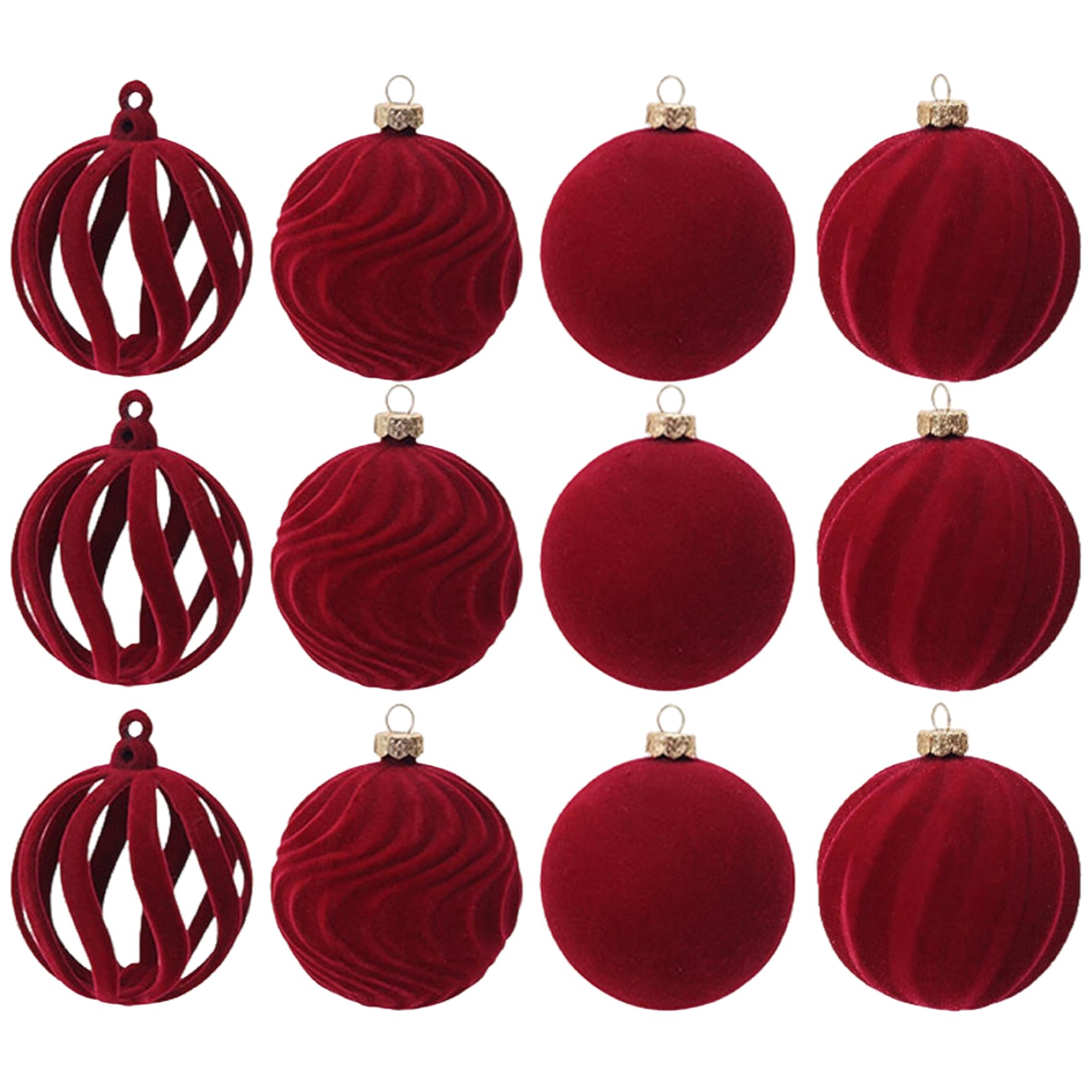Boules de Noël en velours floqué rouge avec boucle de suspension