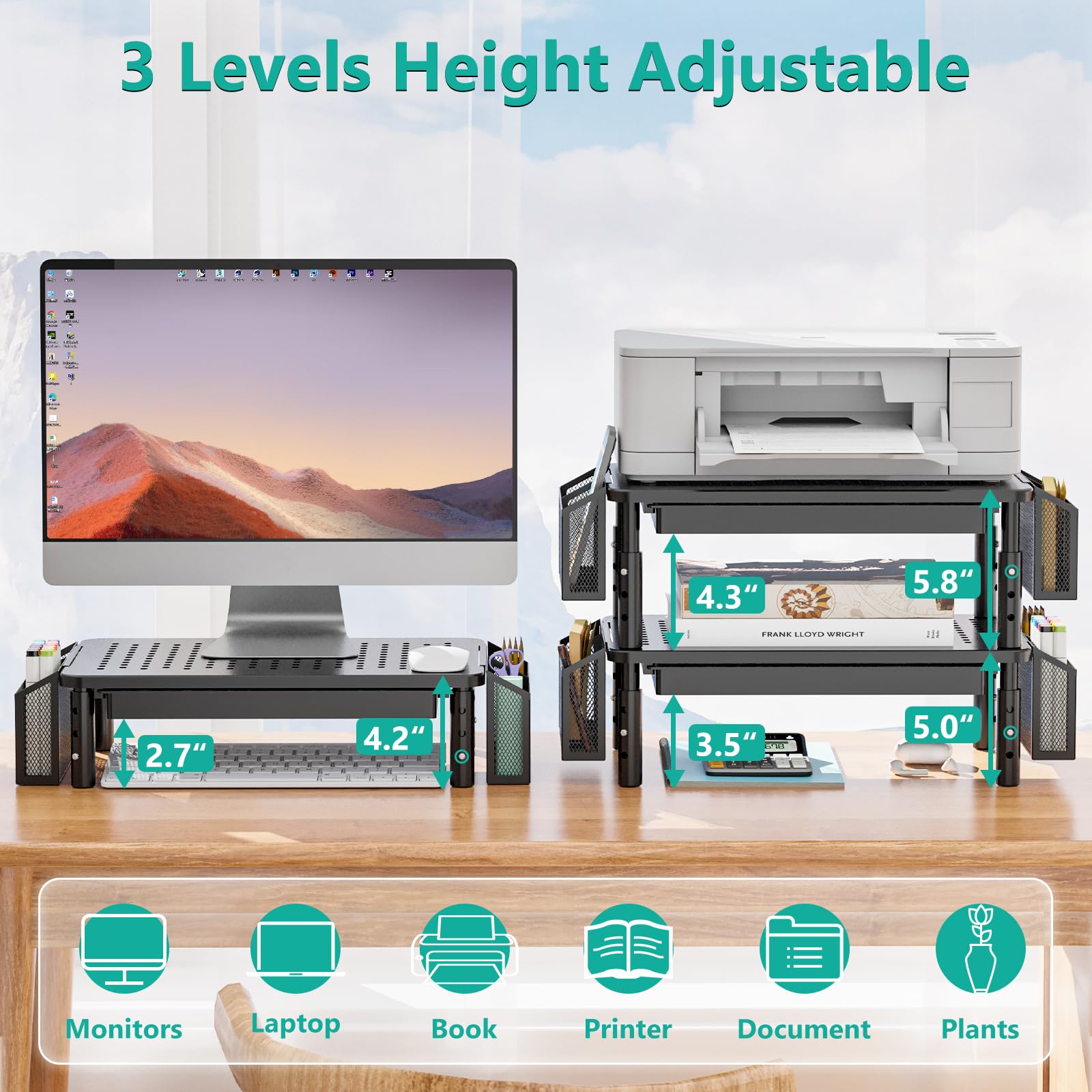 WALI Supporto per monitor del computer con contenitore, supporto per monitor con cassetto e portapenne, alzata per laptop regolabile in altezza a 3 livelli, organizer da scrivania per computer, laptop