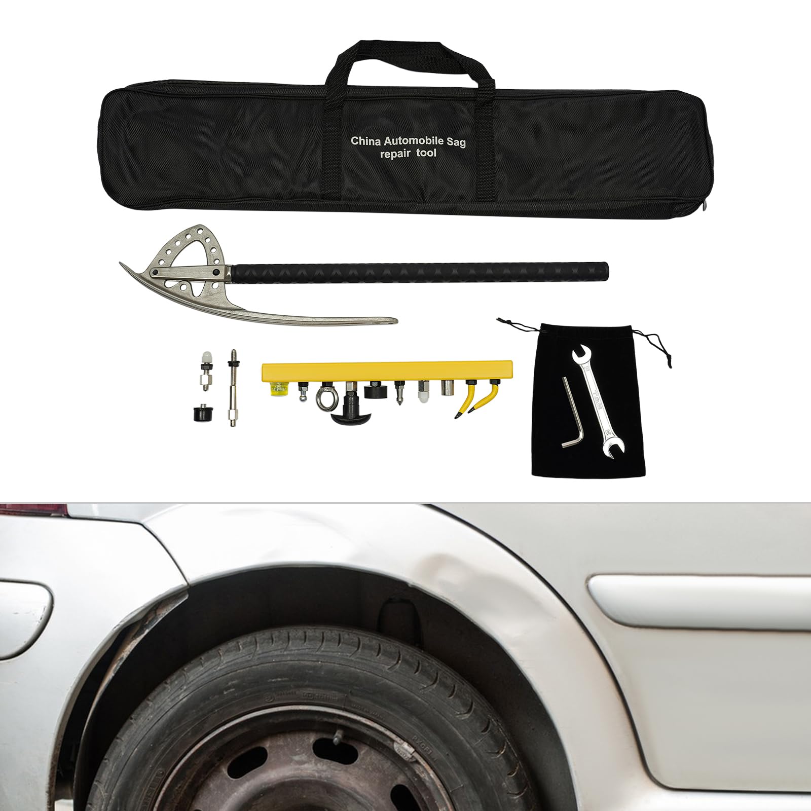 Professional Auto Dent Repair Kit - Adjustable Stainless Steel Fender Puller Tool with M8 Thread, Portable Storage Bag & Complete Accessories for DIY Car Body Dent Removal