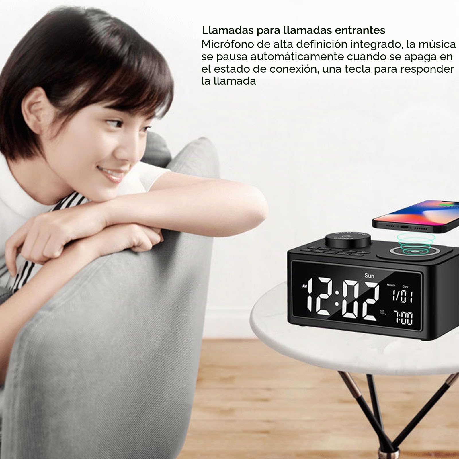 LICAEVEY Radio de Reloj de Alarma de Carga Inalámbrica 3 en 1 con Altavoz Bluetooth, Cargador Rápido de 15W, Alarmas Duales, Radio FM y Micrófono Incorporado para (Enchufe de la UE)