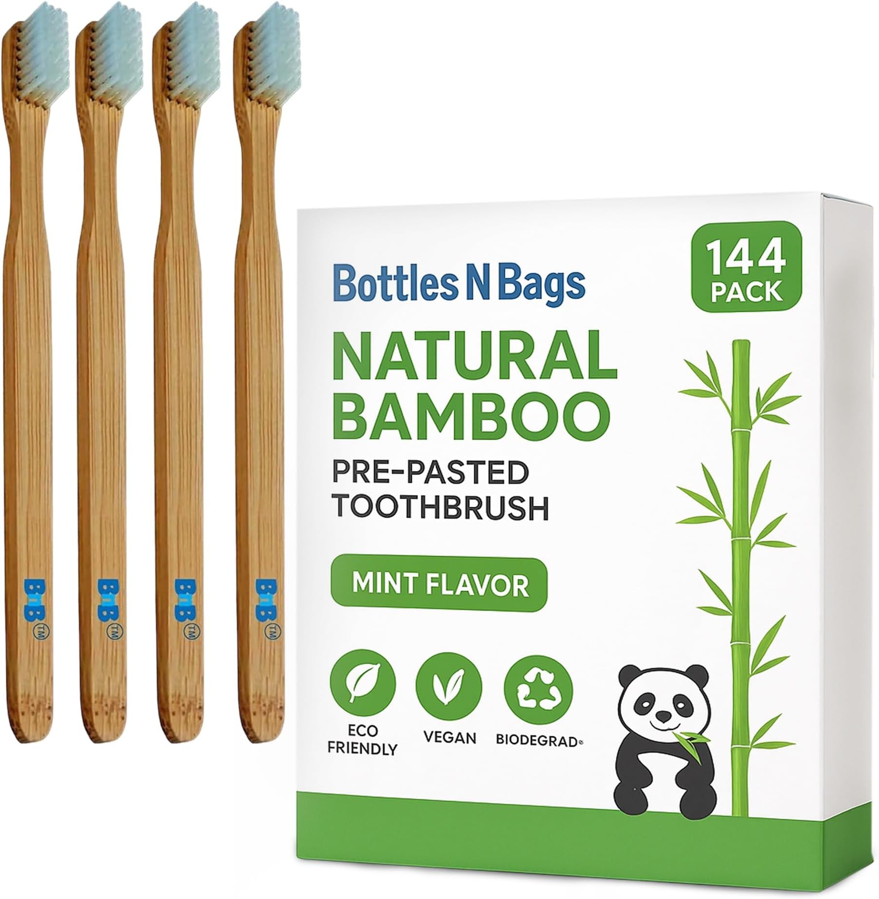 144 Biodegradable Prepasted Bamboo Tooth Brush Individually Wrapped Soft Bristles,Refreshing Mint Flavor Paste (144 Pack)