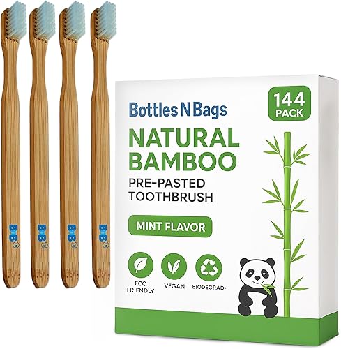 144 cepillos de dientes de bambú biodegradables prepegados individualmente envueltos de cerdas suaves, pasta refrescante sabor menta (paquete de 144)