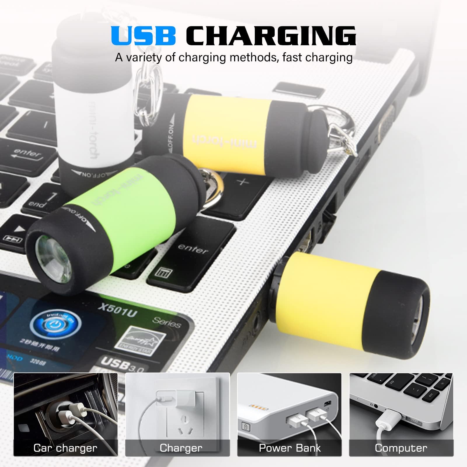 GOMETY 4 mini torcia LED per bambini, con rivestimento in silicone ricaricabile USB, impermeabile, con portachiavi (4, bianco, blu, verde, giallo)