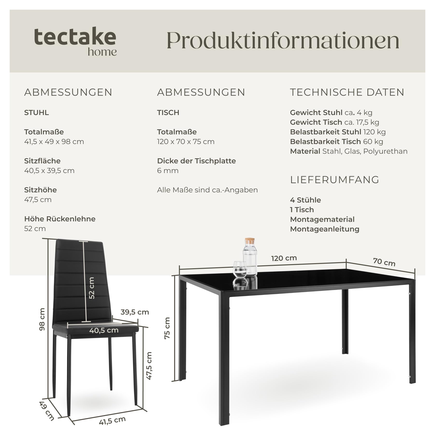 tectake Essgruppe Set Tisch und Stühle, Esstisch und 4X Stuhl, strapazierfähiges Kunstleder, Tischplatte aus Sicherheitsglas, Küchenstühle modern, Küche - schwarz