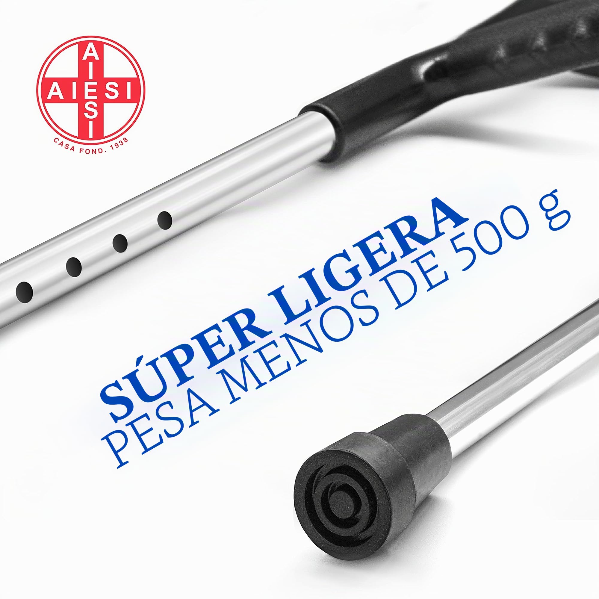 AIESI® Muletas para adulto regulables ortopédicas ligeras color negro en aluminio anodizado (Paquete de 2 piezas), Garantía 24 meses