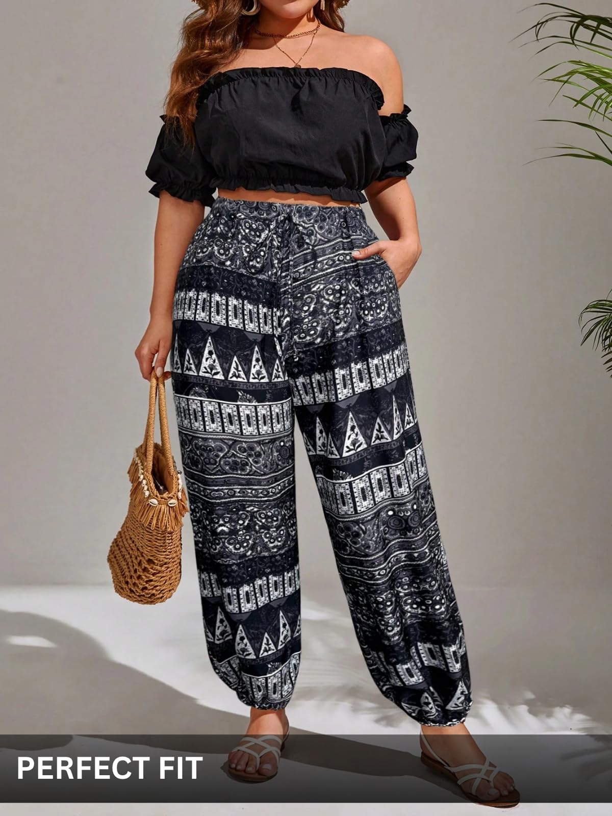 GRECIILOOKS Sharara - Pantalones harén bohemios de viscosa para mujer, estampado Palazzo Plazo, holgado, cintura elástica, para yoga y ocio