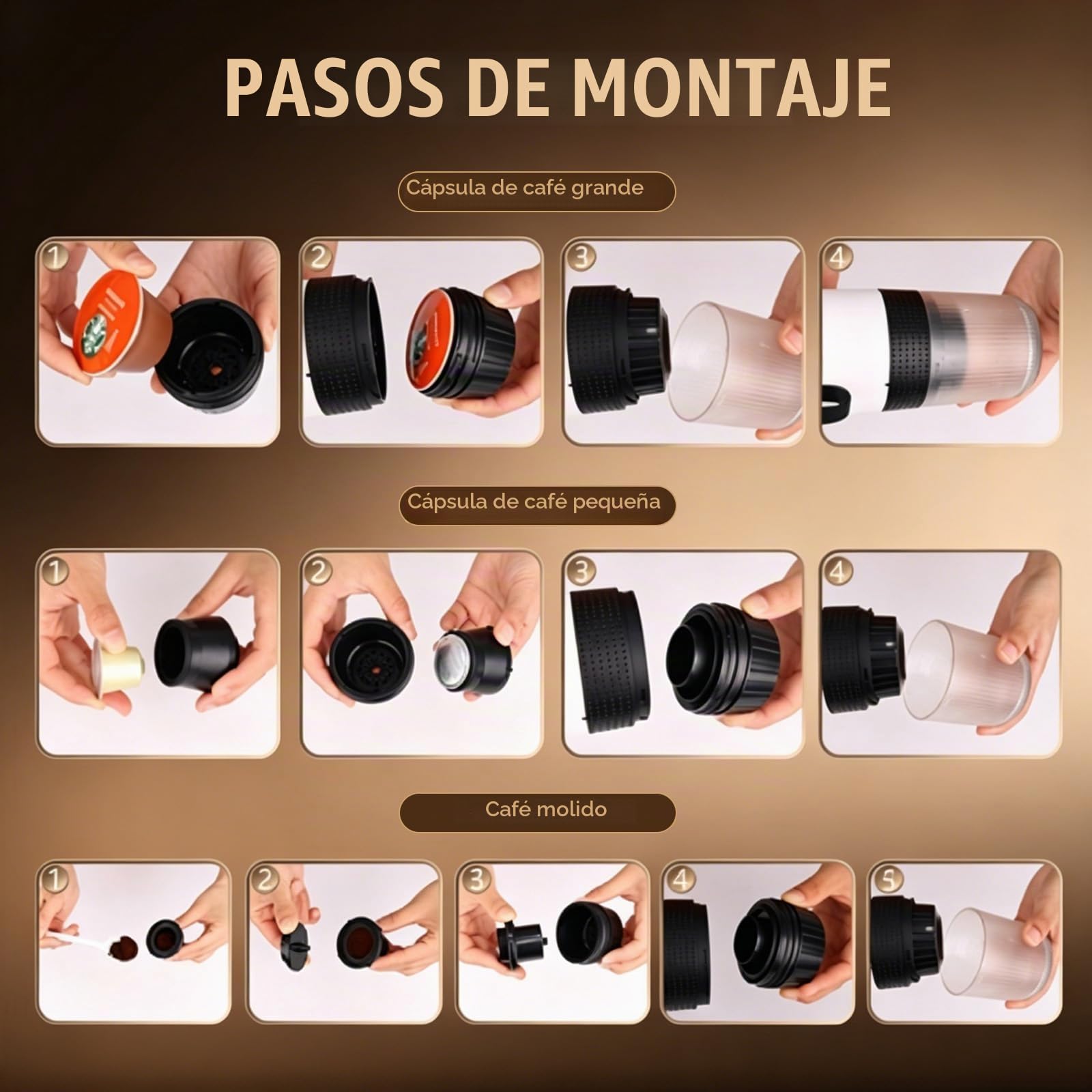 Cafetera Portátil 3 en 1 Eléctrica, Máquina de Café de Viaje 20 Bar con Autocalentamiento, Compatible con Cápsulas y Café Molido, Batería 7500mAh para Camping y Coche