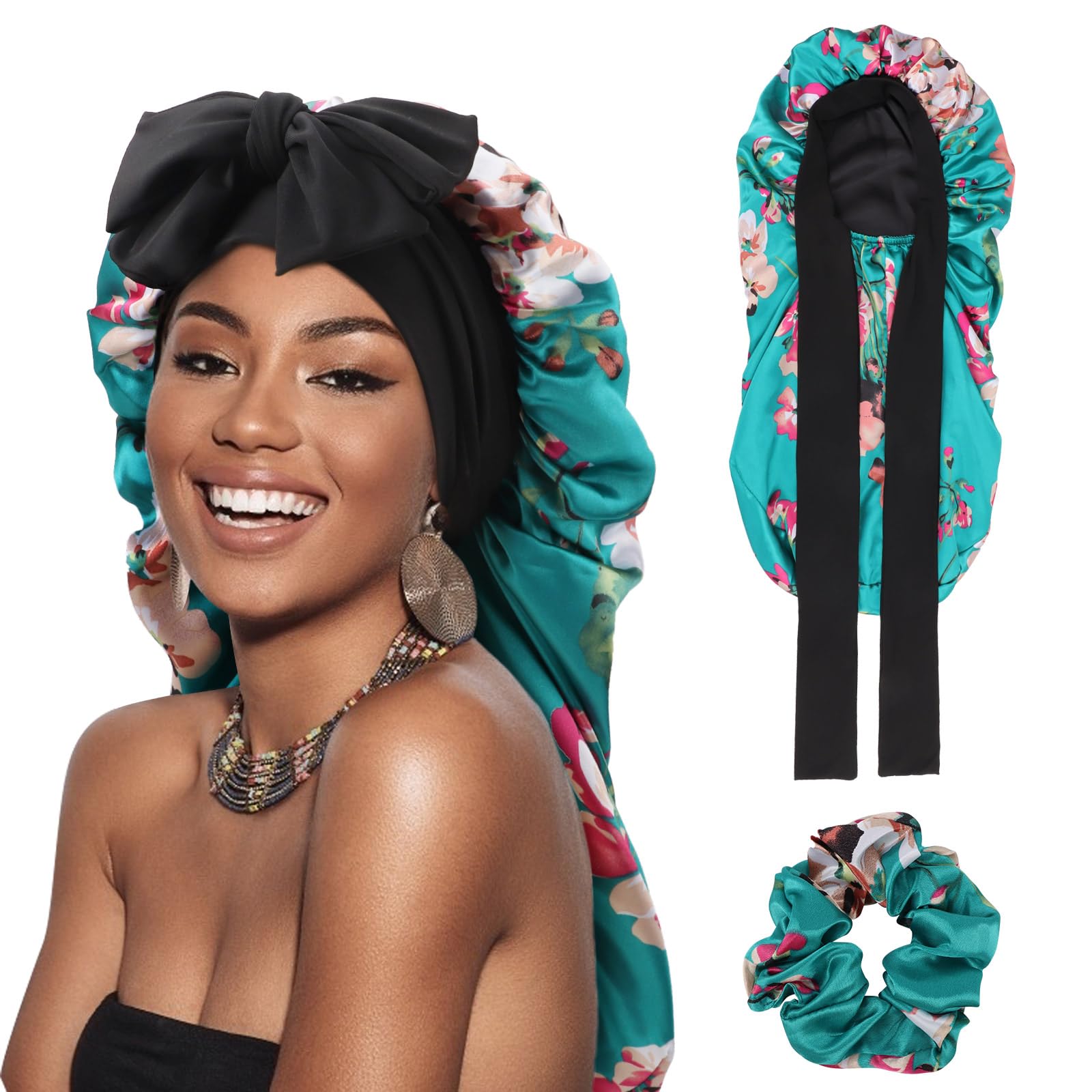 DRESHOW Long Satin Braid Bonnet for Women Silk Bonnet for Sleeping Sleep Cap with Elastic Tie Band Night Cap for Long Curly Hair Locs