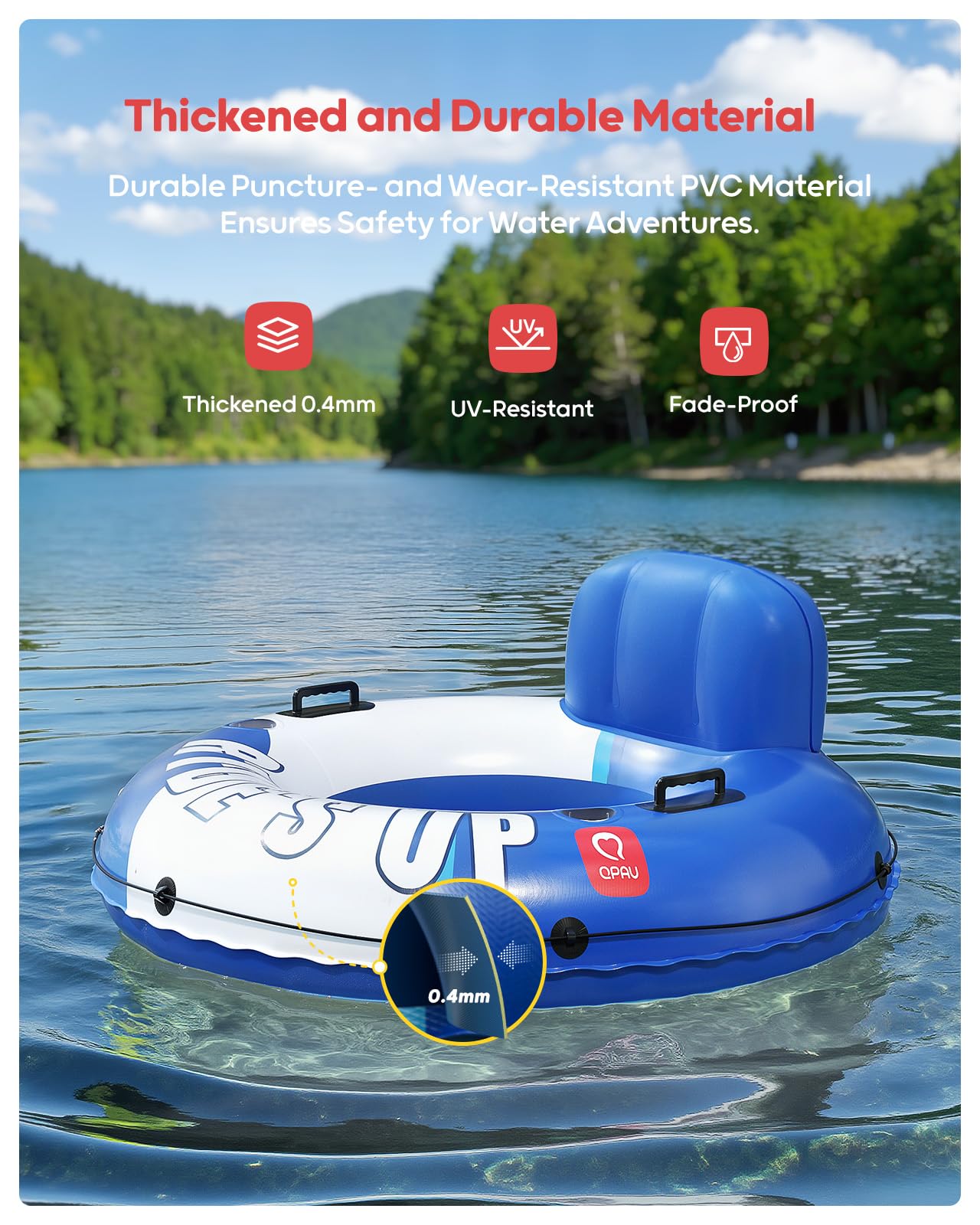 QPAU Tubo de río, flotadores de río de 0.4 mm de grosor para adultos, azul y blanco | Diseño resistente a pinchazos con respaldo ergonómico, parte inferior de malla y 2 portavasos para lagos y salidas grupales