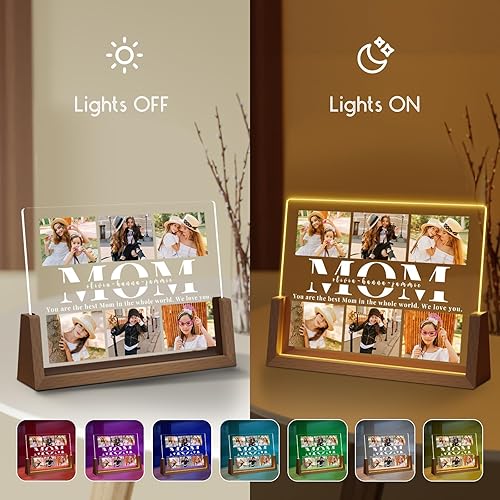 Miniatura 6 de Regalos personalizados para el día de la madre para mamá de hija, hijo, niños, marco de fotos personalizado de nogal con LED para cumpleaños de
