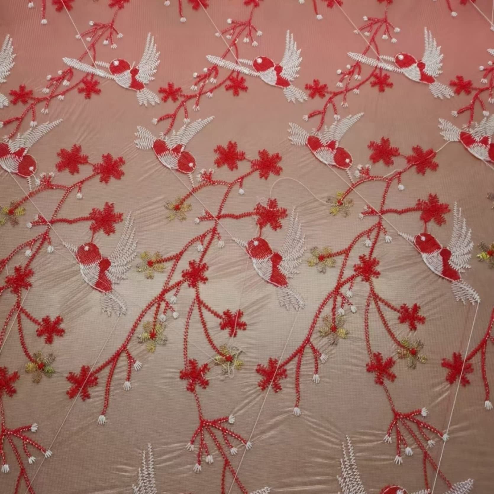 Rolka z tiulu 5 jardów organza tiul haftowany kwiat ptak koronkowa tkanina na dekoracyjną zasłonę sukienka szycie DIY rzemiosło dekoracja wnętrz(Red)