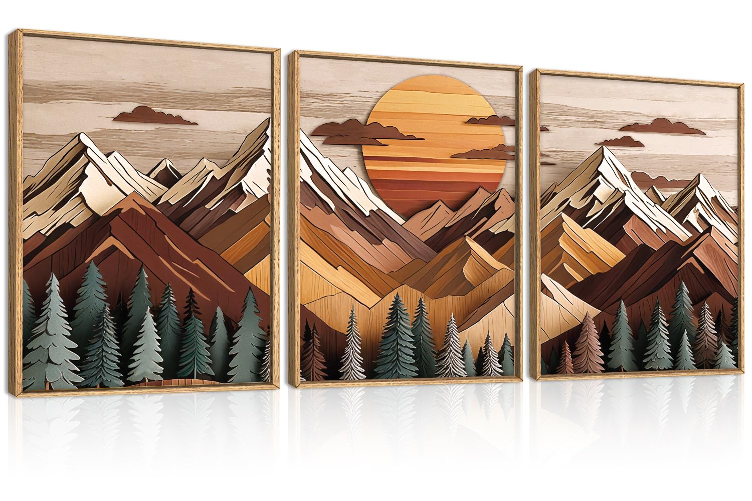 KAIRNE Woodcut Mountain Landscape Framed Canvas Wall Art Set-12"x16"x3 | Wooden Pine Tree Wall Decor,Vintage Forest Art Print,Rustic Boho Sunrise Artwork for Living Room,Bedroom,Farmhouse,Office