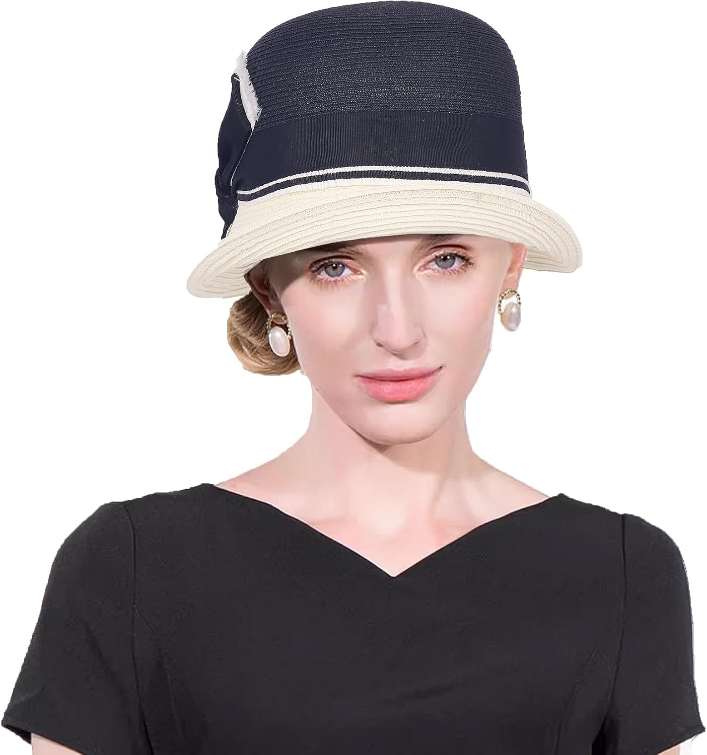 Women Sun Straw Hat Cloche Derby Hat1920s Vintage Bucket Hat with Bow Accent Foldable Packable for Beach Vacation