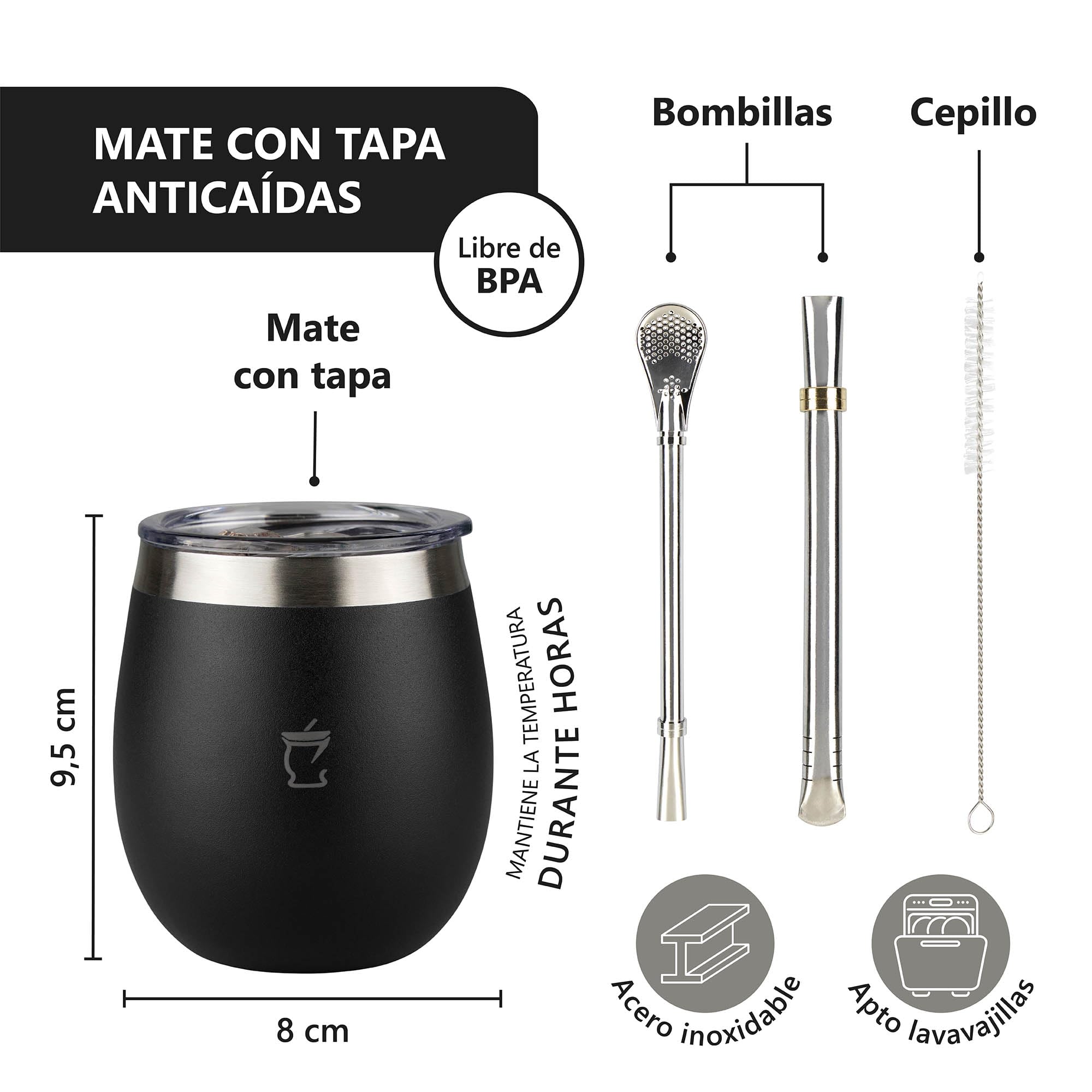 Mate Kit argentino - argentino opaco - set opaco - Yerba Mate - Lampadina opaca - Prodotti Argentina - Nero