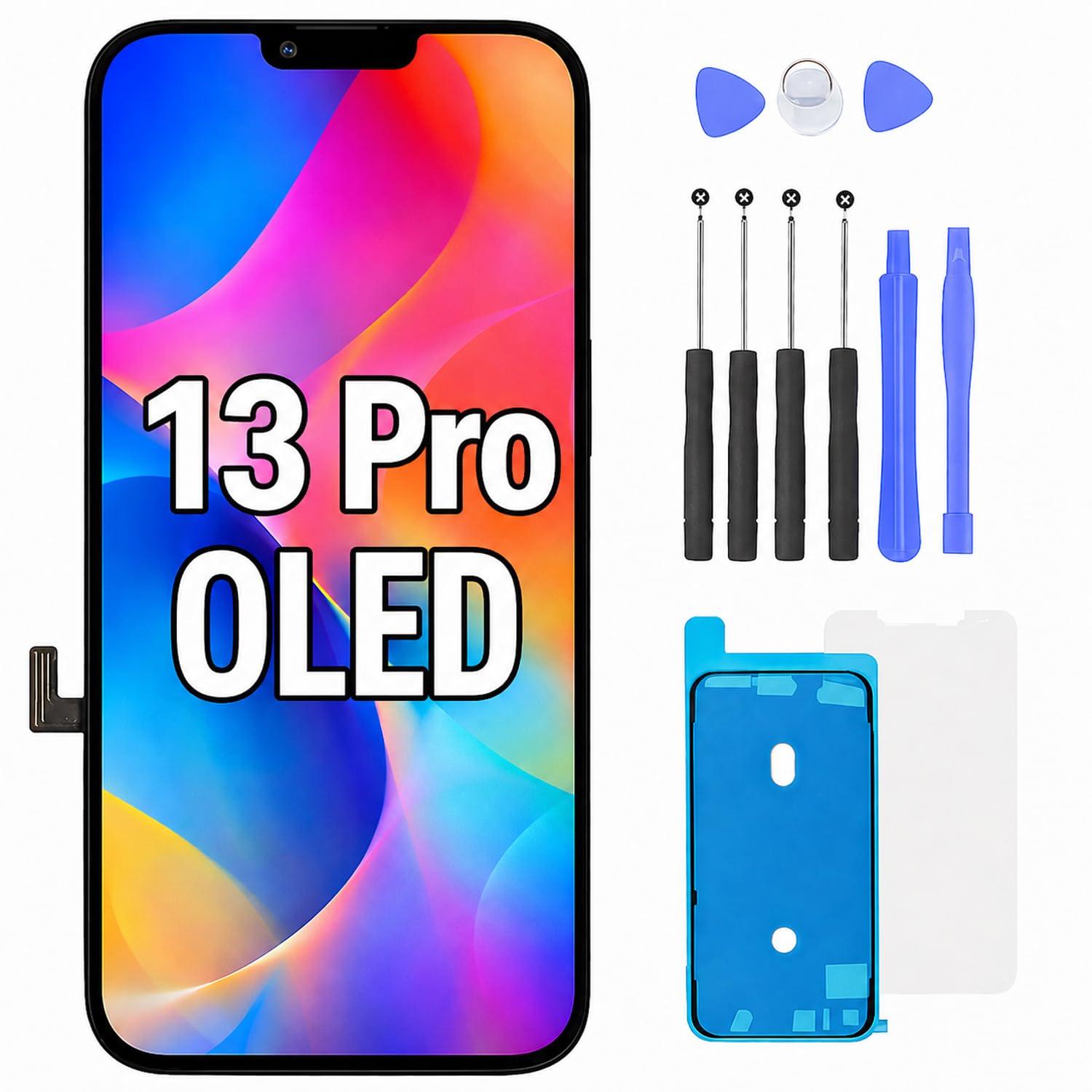 Schermo di ricambio per iPhone 13 Pro OLED FHD da 6,1", touch screen digitalizzatore e kit di riparazione completo (OLED