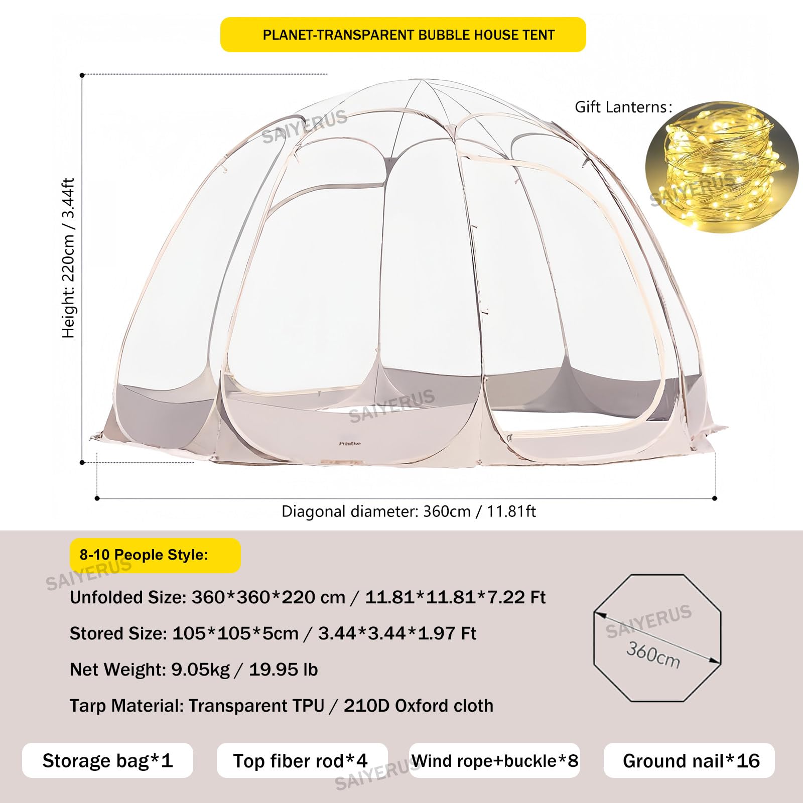 Regen- und Sonnenschutz-Pop-Up für 8–10 Personen, Outdoor-Sport-Bubble-Sofort-Clear-Zelt mit tragbarem Rucksack, winddichtem Seil, Bodennägeln, LED-Lichterketten für Events, Angeln und Jubeln