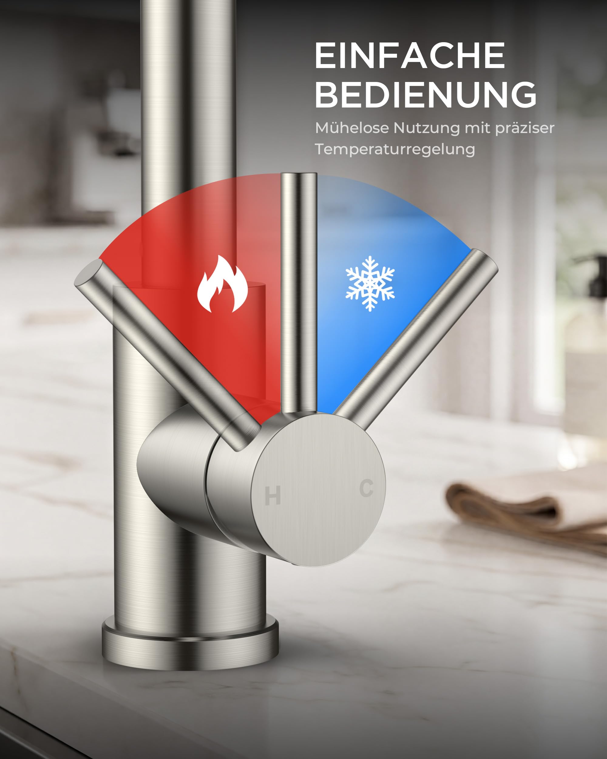 FORIOUS Wasserhahn Küche, Ausziehbare Küchenarmatur, Einhebel-Mischbatterie Küche mit 3 Strahlfunktionen, 360° Drehbare Federbelastete Spültischarmatur, Edelstahl