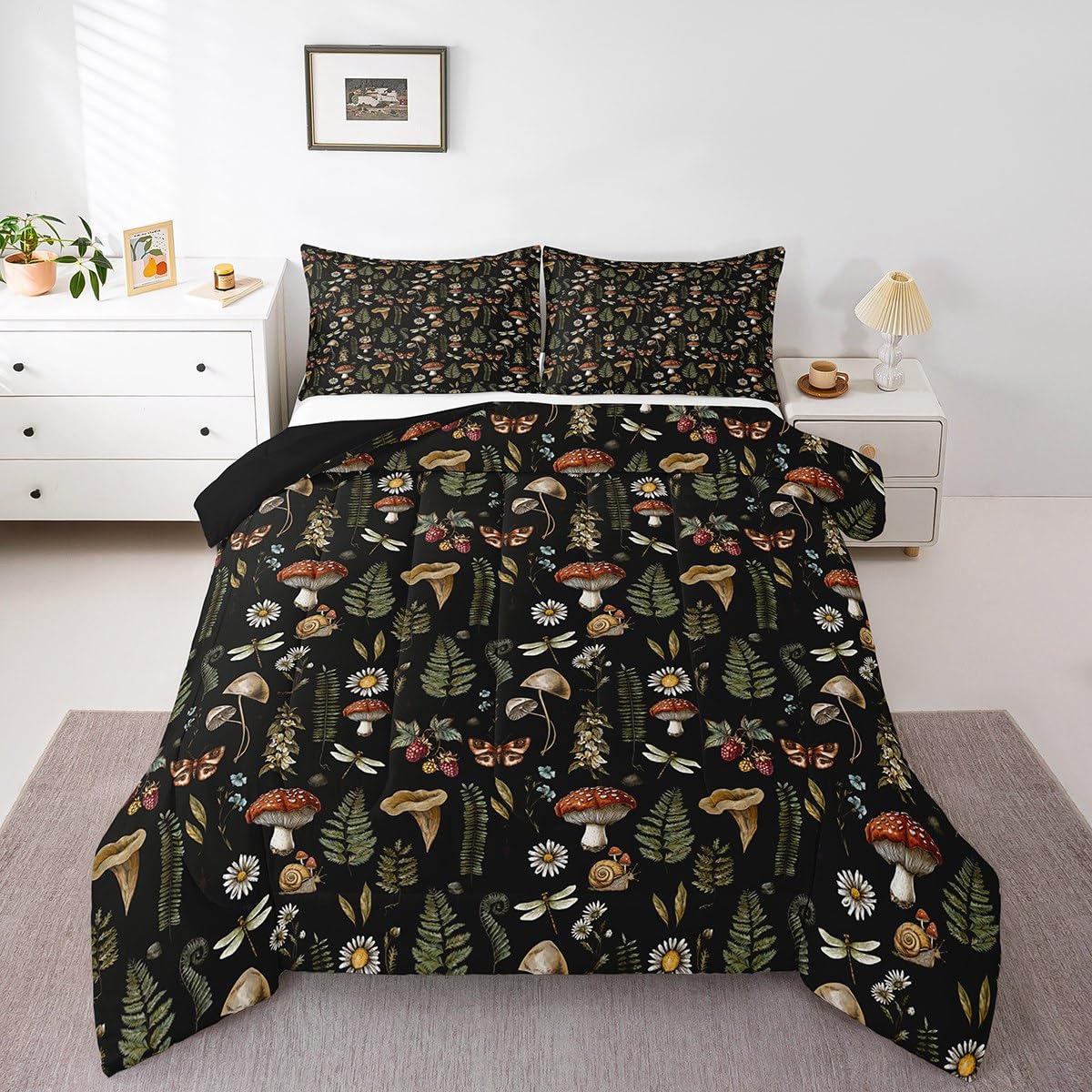 Mushroom Comforter Set Natural Butterfly Wild Plant Leaves Decor Comforter for Kids Teens Adults Outdoor Jungle Rustic Farmhouse Style Bedding Set with 2 Pillowcases+1 Comforter Full Size 3 Pcs