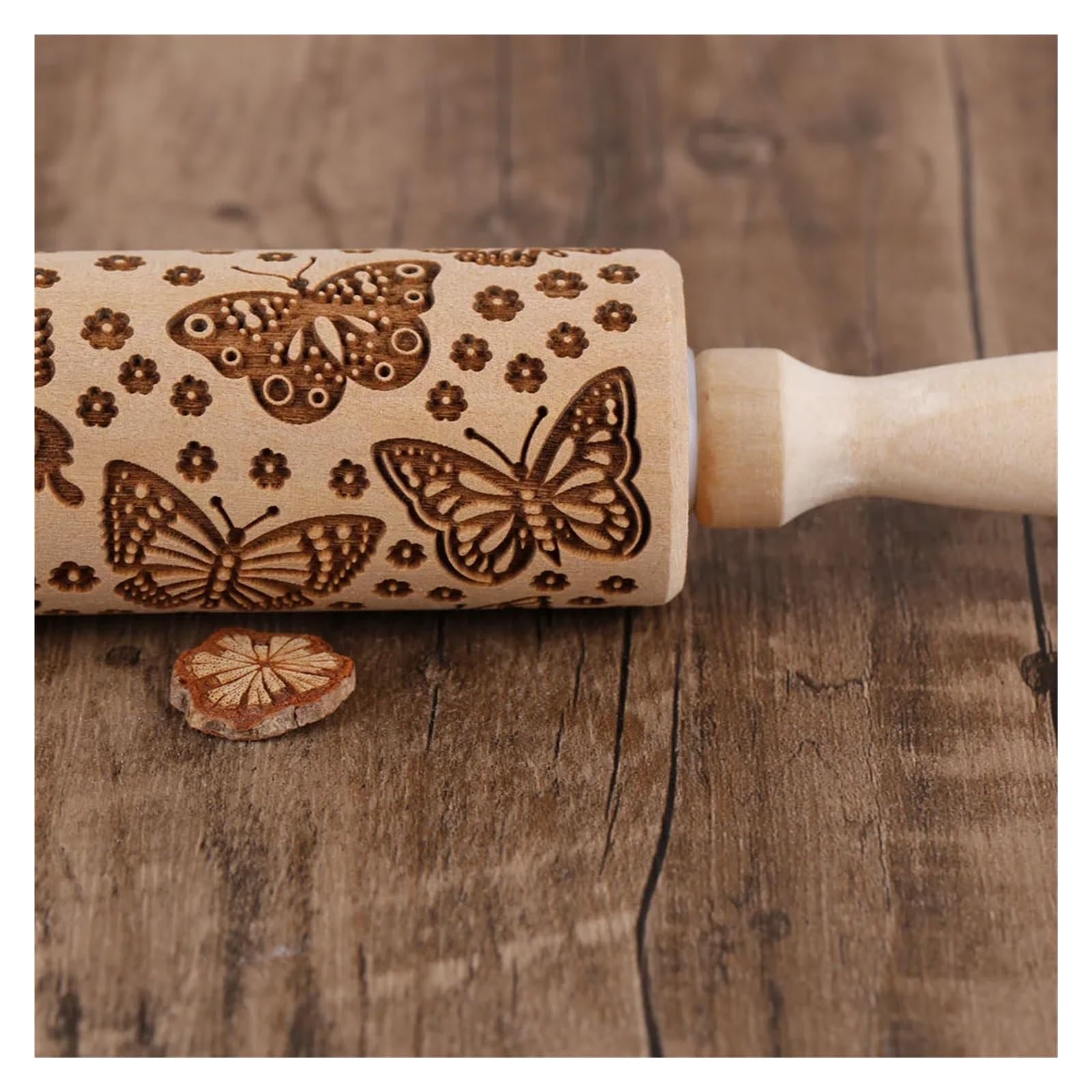 Rouleau à pâtisserie en Bois gaufré Motif Papillon, 13,7 Pouces, for pâtisserie, ... pour Cuisine, Pâtisserie(Color 1)