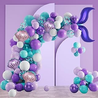 Meerjungfrau Luftballon Girlande Set mit 104 Stück Lilatönen, Metallic, Pastellfarben und Folienballons - inklusive Meerjungfrau-Muschel-Ballons und Zubehör - Grünsonne™