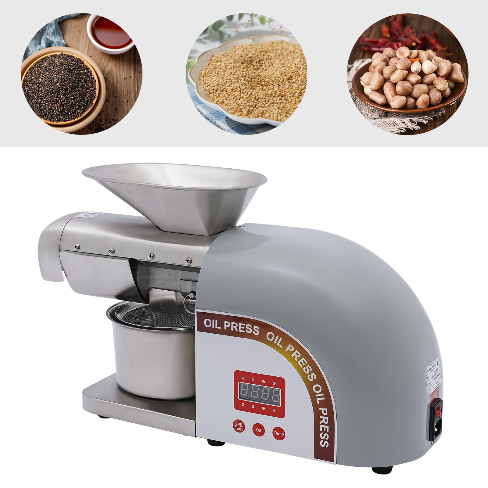 1800W ölpresse, 0-300°C Temperatur Einstellbar, 5kg/h Arbeitsgeschwindigkeit, Mit ölkanister Und Sieb, Für Erdnüsse, Walnüsse, Sojabohnen, Sesam Und Vieles Mehr(silbern)