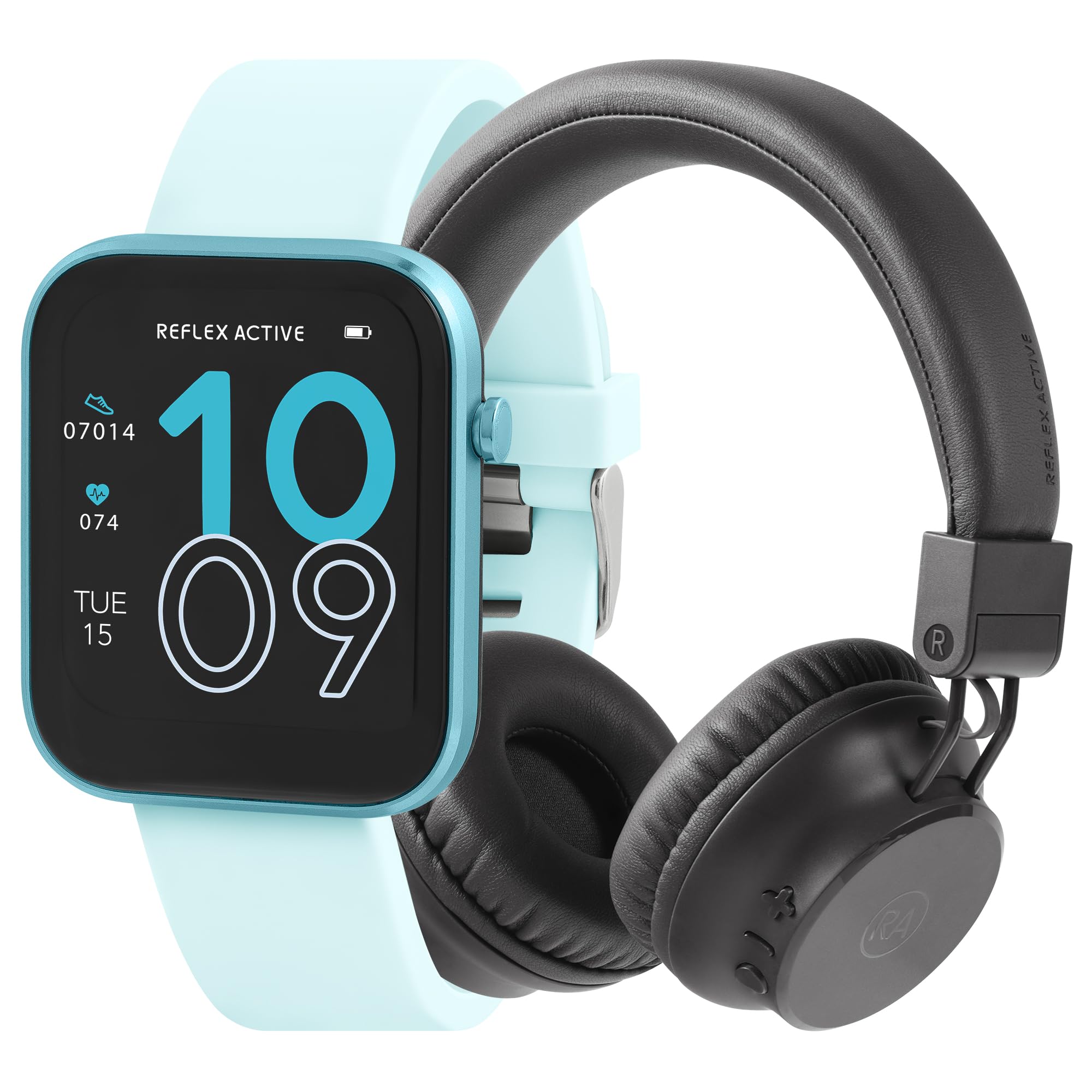 Reflex Active Reloj inteligente con correa azul serie 12 y auriculares inalámbricos plegables con micrófono integrado, juego de regalo