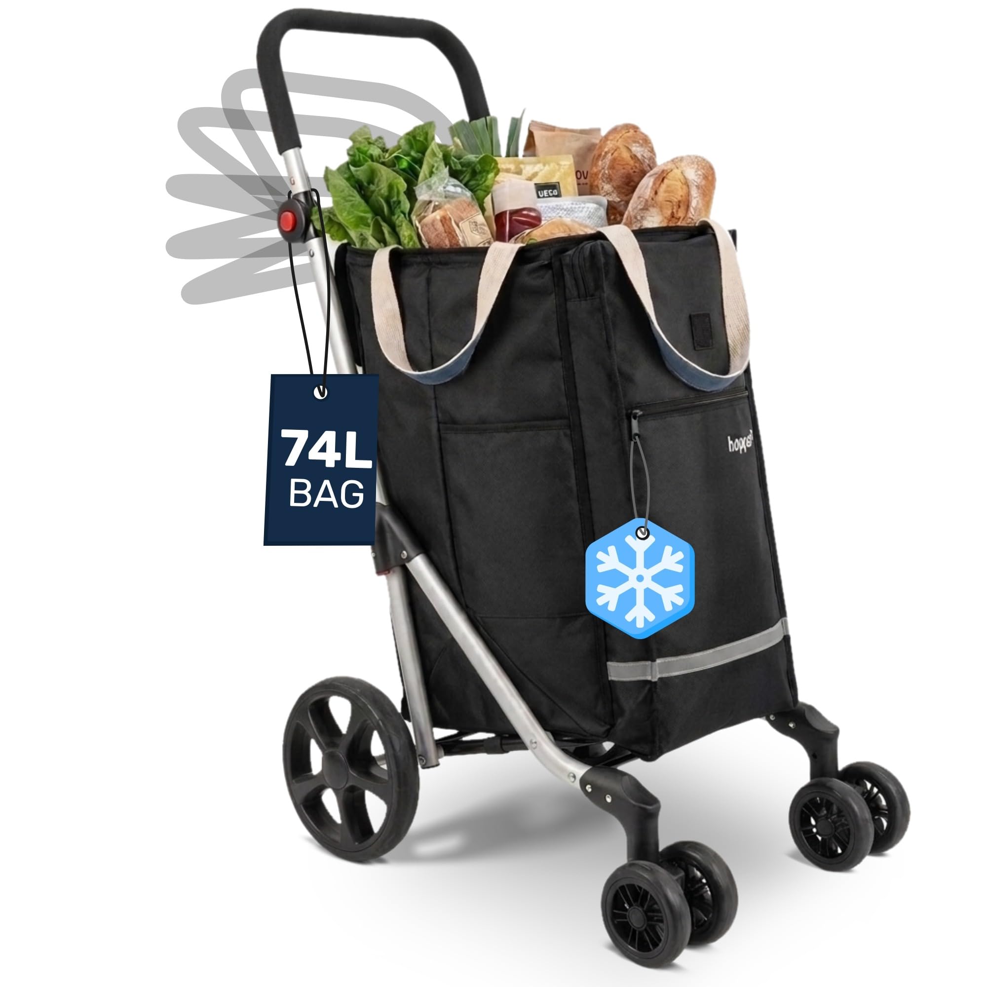 Hoppa – Einkaufstrolley | Großer 74L klappbarer Einkaufswagen | Leichter 6-Räder-Trolley mit 5 Taschen – robust & wasserdicht | Idealer einkaufstrolley klappbar für den täglichen Gebrauch