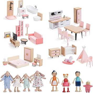 Giant bean 4 PCS Hand Made Rabbit Family Dolls, Wooden Dollhouse Furniture Set for Boys Girls & Toddlers 3Y+