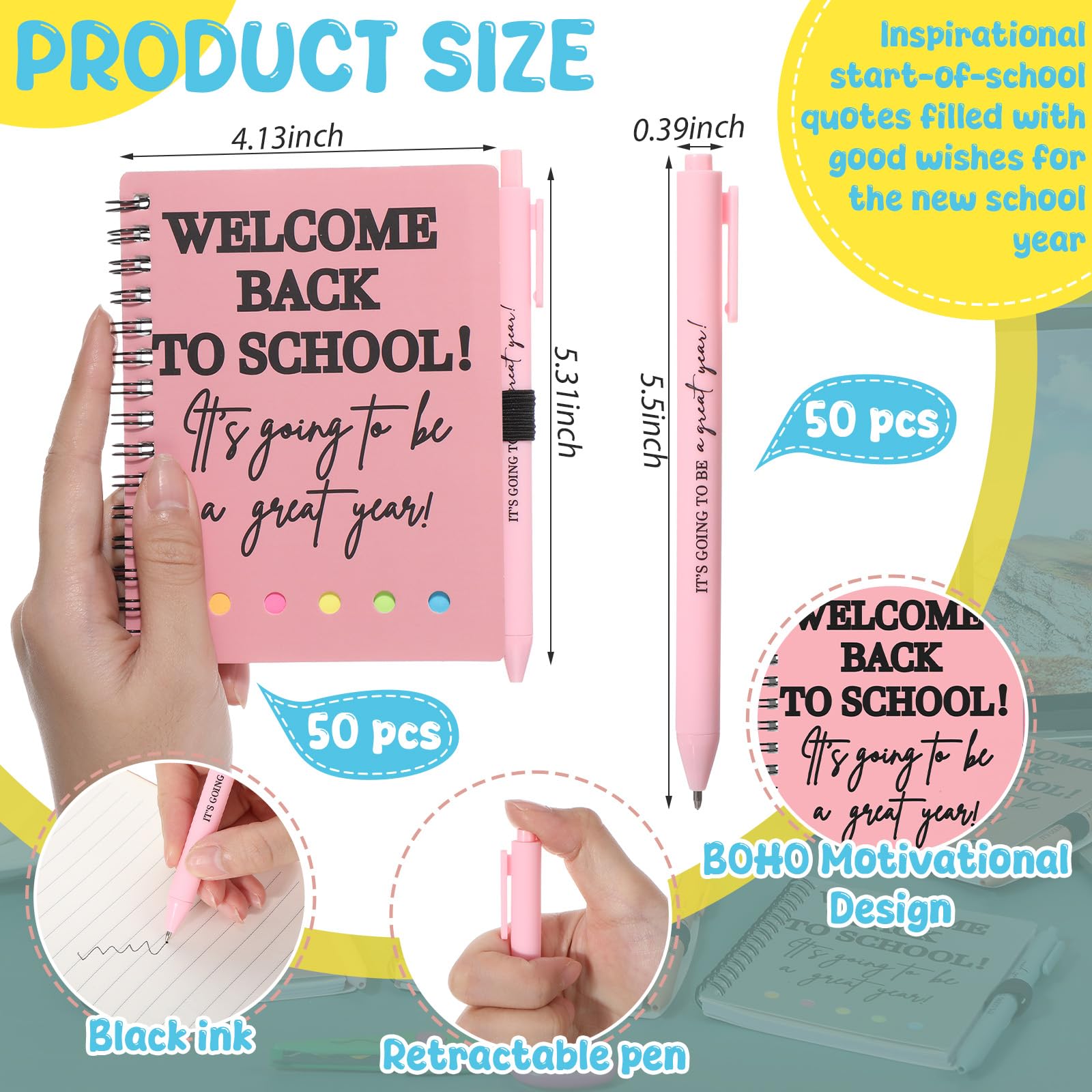 Dunzoom 40 cuadernos de bienvenida para el regreso a clases, 20 cuadernos para el primer día de escuela, con pestañas adhesivas, 20 bolígrafos inspiradores para recompensa para profesores y