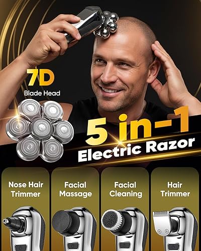 Miniatura 2 de Afeitadora de cabeza para hombres calvos, afeitadora flotante 7D de cabeza calva 5 en 1, maquinilla de afeitar eléctrica húmedaseca con pantalla