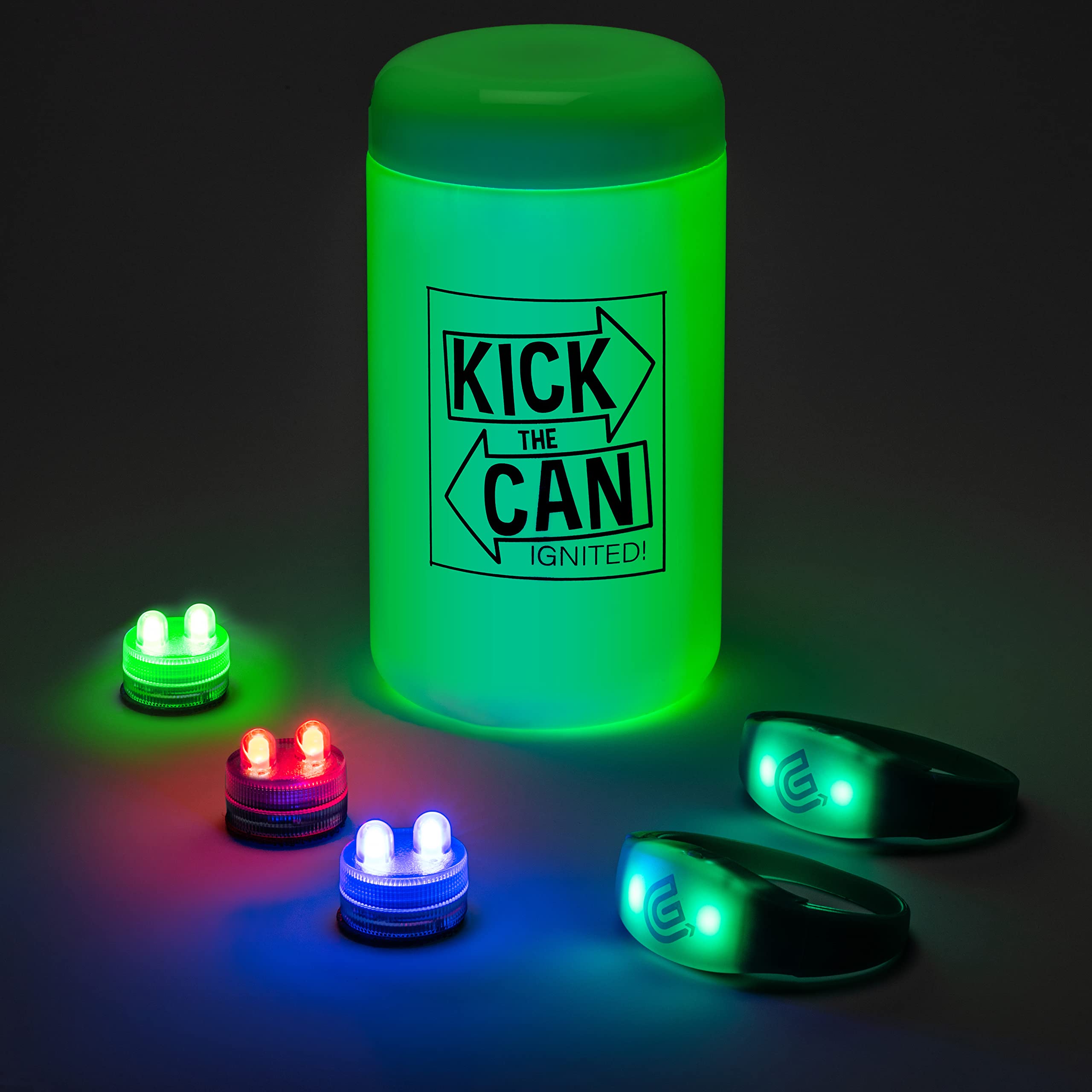 GETMOVIN SPORTS The Original Kick The Can Ignited Game with Glow-in-The-Dark LED Game Pieces and Retro Can Storage Container for Outdoor Classic Game Play!