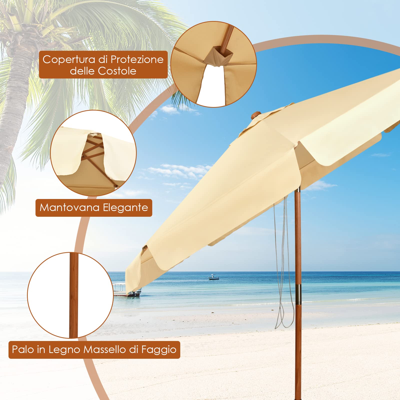 RELAX4LIFE Ombrellone da Giardino 3 x 3 M Rotondo, Ombrellone da Esterno con Tela Impermeabile e Anti-Sole, Struttura in Legno, Altezza e Inclinazione Regolabile (Beige)