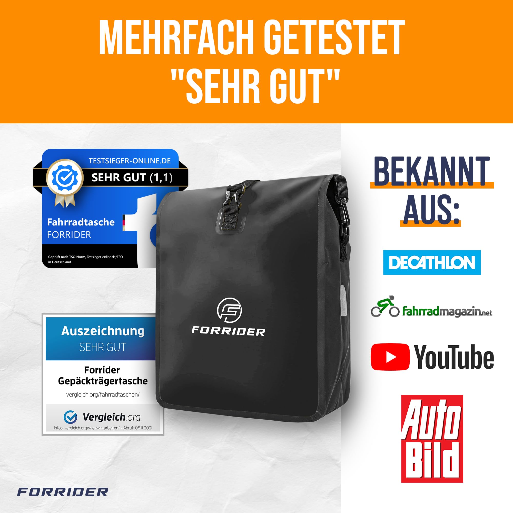 Forrider Fahrradtasche Wasserdicht für Gepäckträger [22L] mit Schultergurt & Reflektoren | Fahrrad Gepäckträgertasche | E-Bike & Fahrrad Tasche Fahrradtaschen Gepäckträger Tasche hinten
