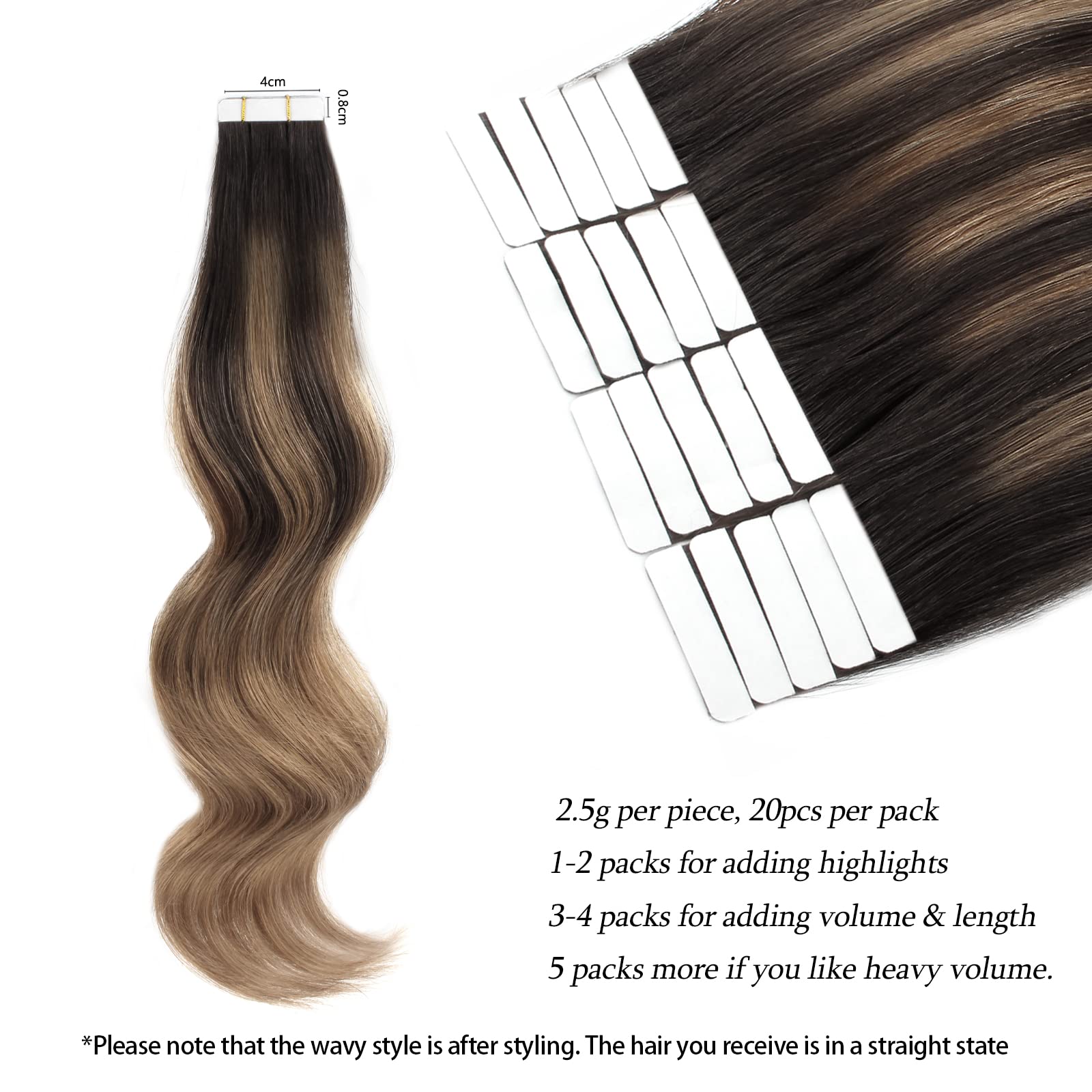 ABH AMAZINGBEAUTY HAIR Sun-kissed Human Hair Tape Extensions Balayage Double Sided Real Remy Human Hair Skin Weft, 50g 20pcs - Image 2