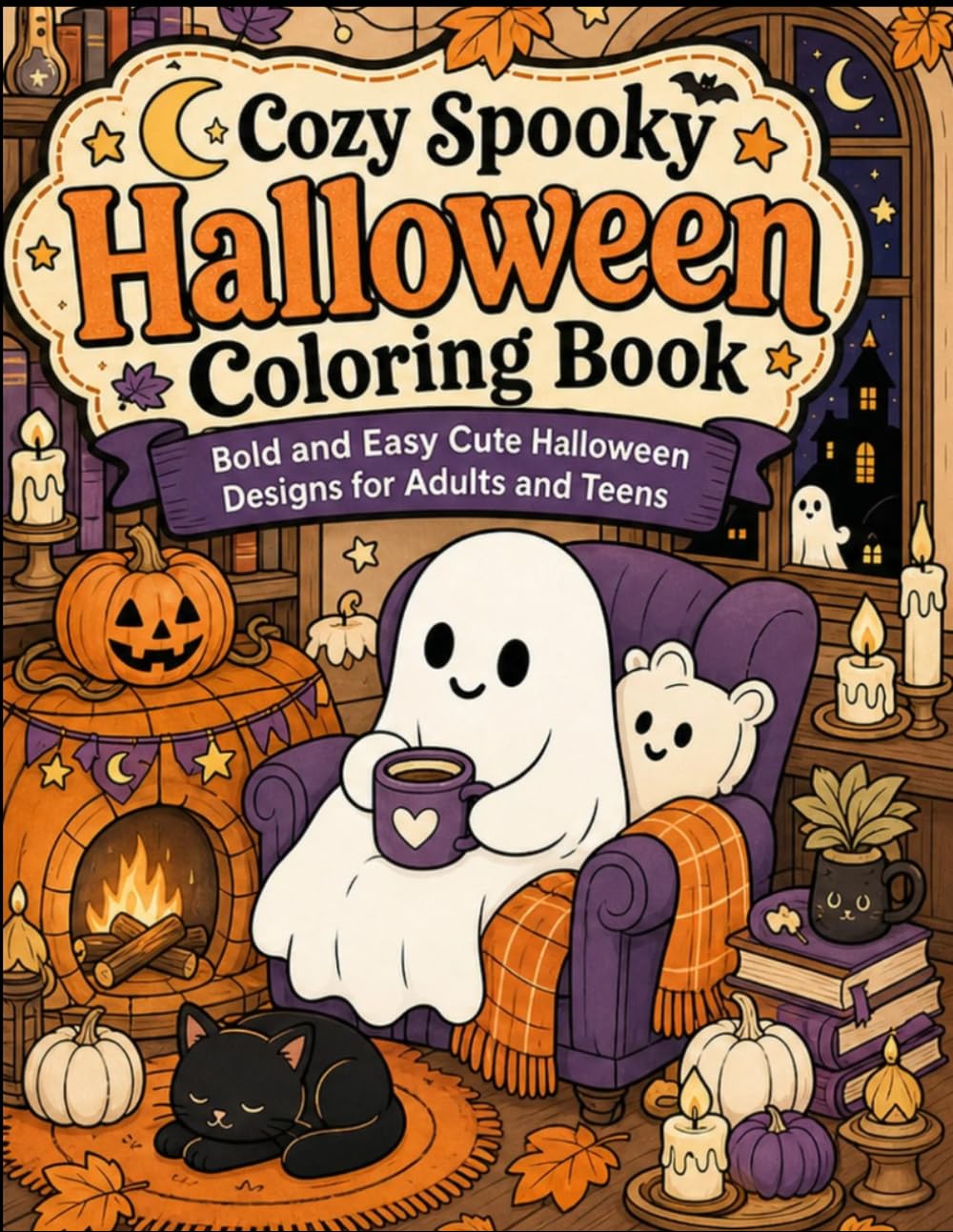 Cozy Spooky Halloween Coloring Book: Bold and Easy Cute Halloween Designs for Adults and Teens