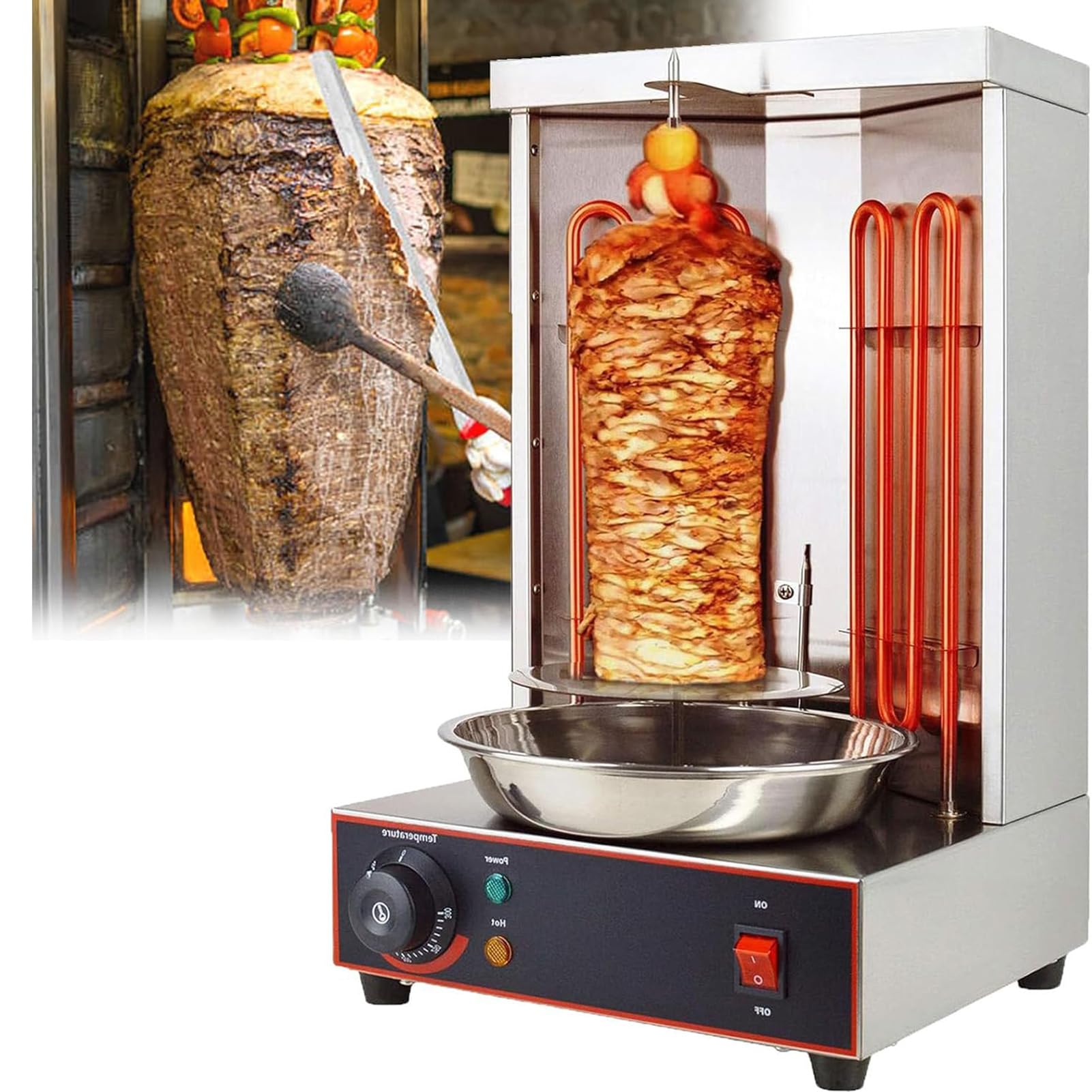 Electric Barbecue Stove, Vertical Rotisserie Broiler, 2400W, 360° Rotating, Drip Tray, Holds 20 Lbs Meat, 9-Inch Meat Spike, Stainless Steel, Silicone Ring, for Takeaways & Small Restaurants