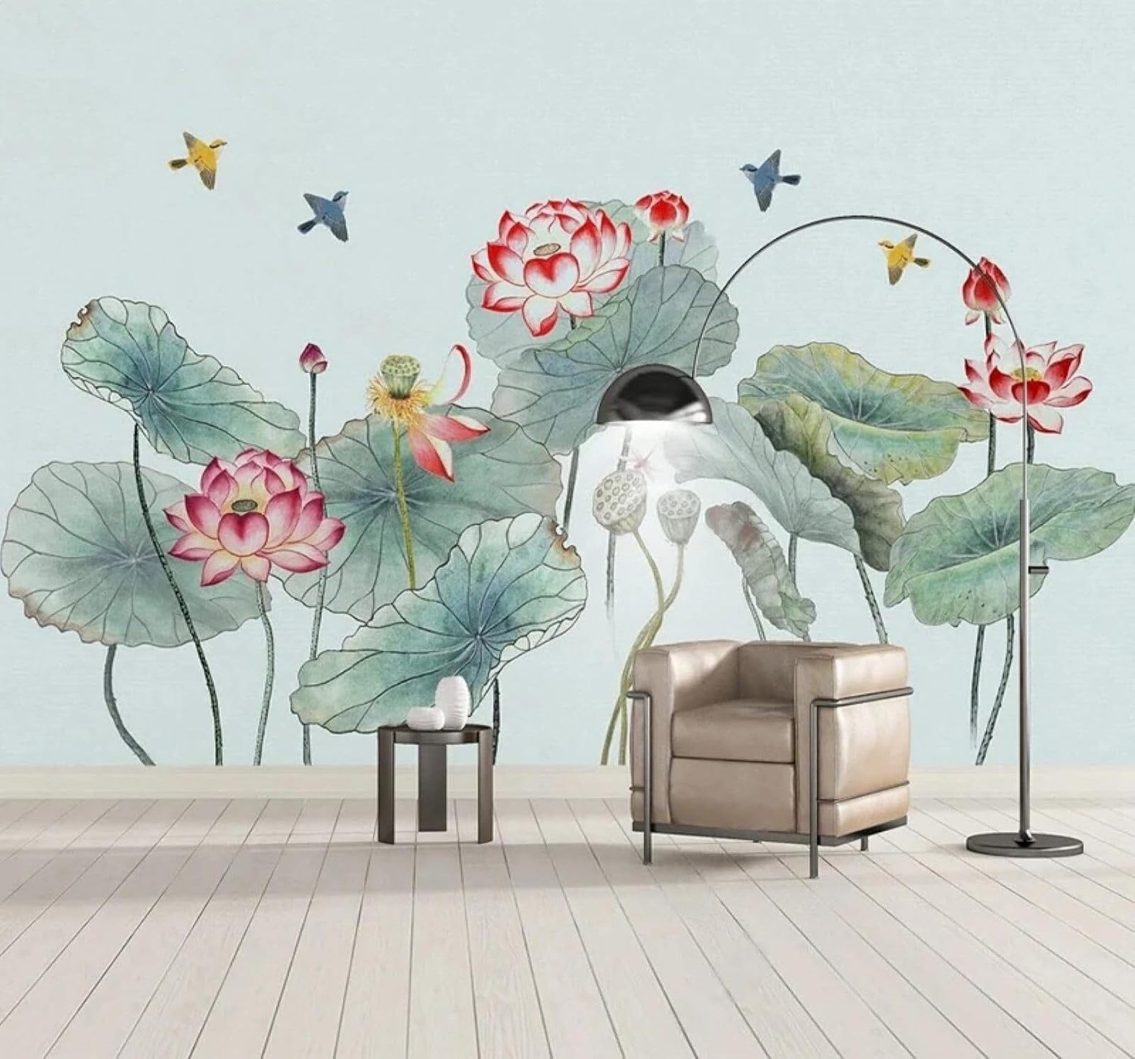 XLMING Fresh Ink Wash Lotus Flowers Lotus Leaves and Birds 3D Wallpaper Silky Texture Home Study Office Grey Dining Room Sofa Bedroom Living Room TV Backdrop-250cm×170cm