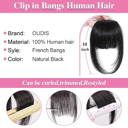 Miniatura 2 de Flequillo con clip, extensiones de cabello 100 % humano, flequillo francés con clip con flequillo falso de sien, extensiones para mujer (negro