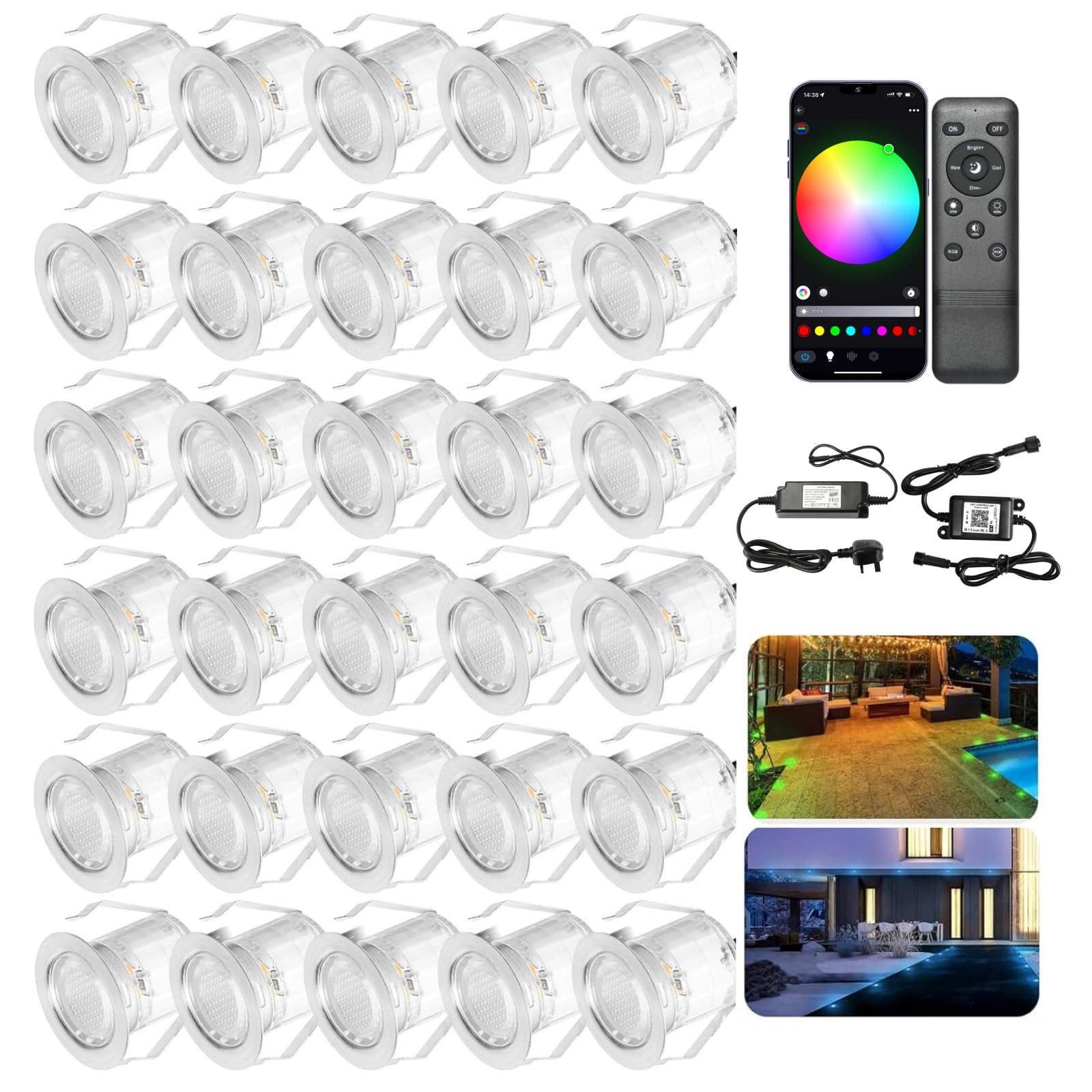 Indarun Rgb + Wifi Controller Rgb Wifi Led Decking Lights Waterproof Ip67 Ø30mm - Led Plinth Lights For Terrace/Patio/Path/Wall/Garden/Decoration, 30 Packs